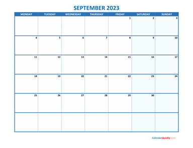 September Monday 2023 Blank Calendar