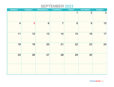 September Monday 2023 Calendar Printable