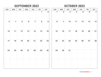 September and October 2023 Calendar Horizontal