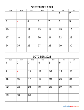 September and October 2023 Calendar Vertical