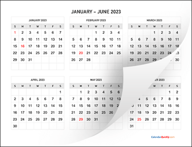 Six Months 2023 Calendar Horizontal