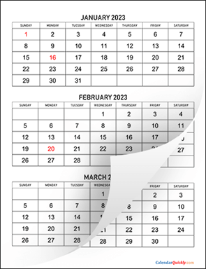 Three Months 2023 Calendar Vertical 