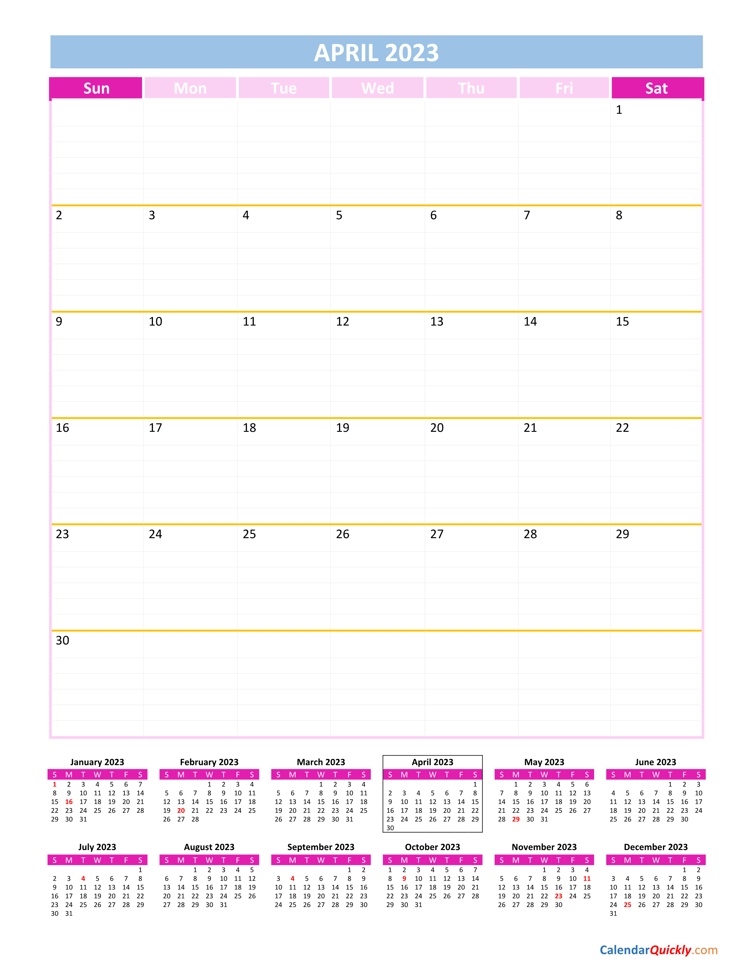 April Calendar 2023 Vertical Calendar Quickly