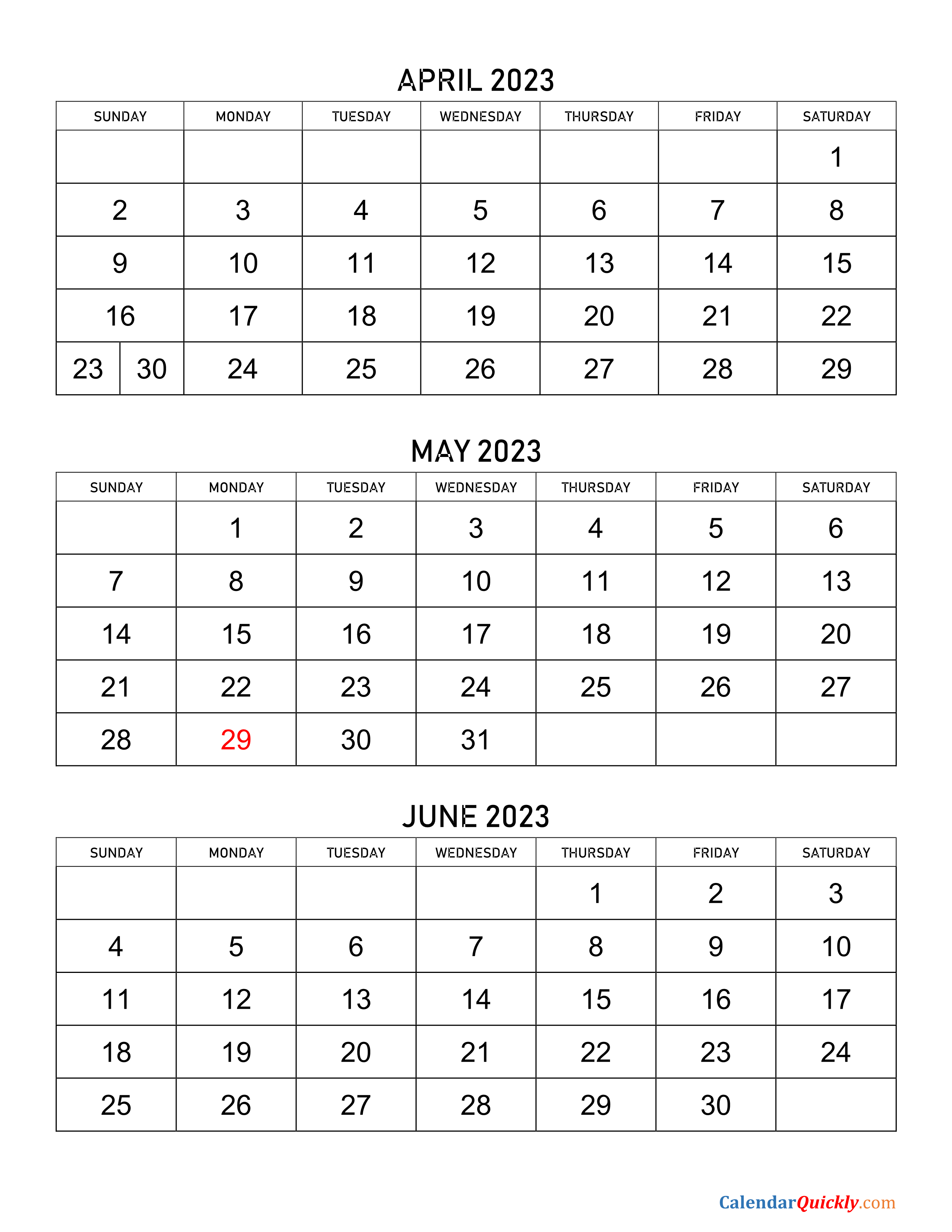 April to June 2023 Calendar Calendar Quickly