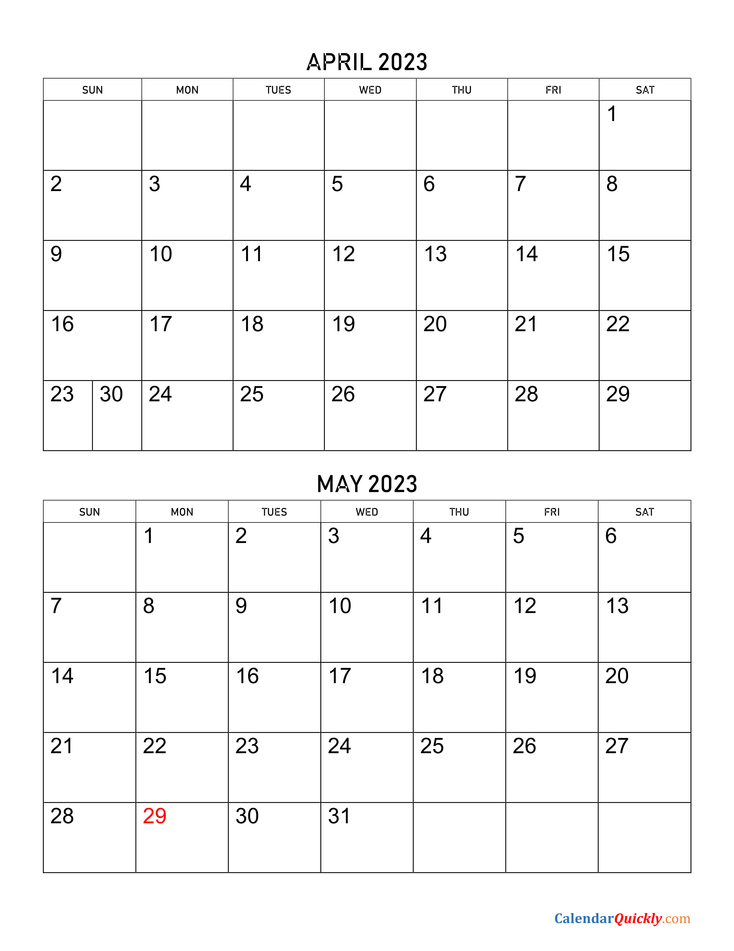 April and May 2023 Calendar | Calendar Quickly