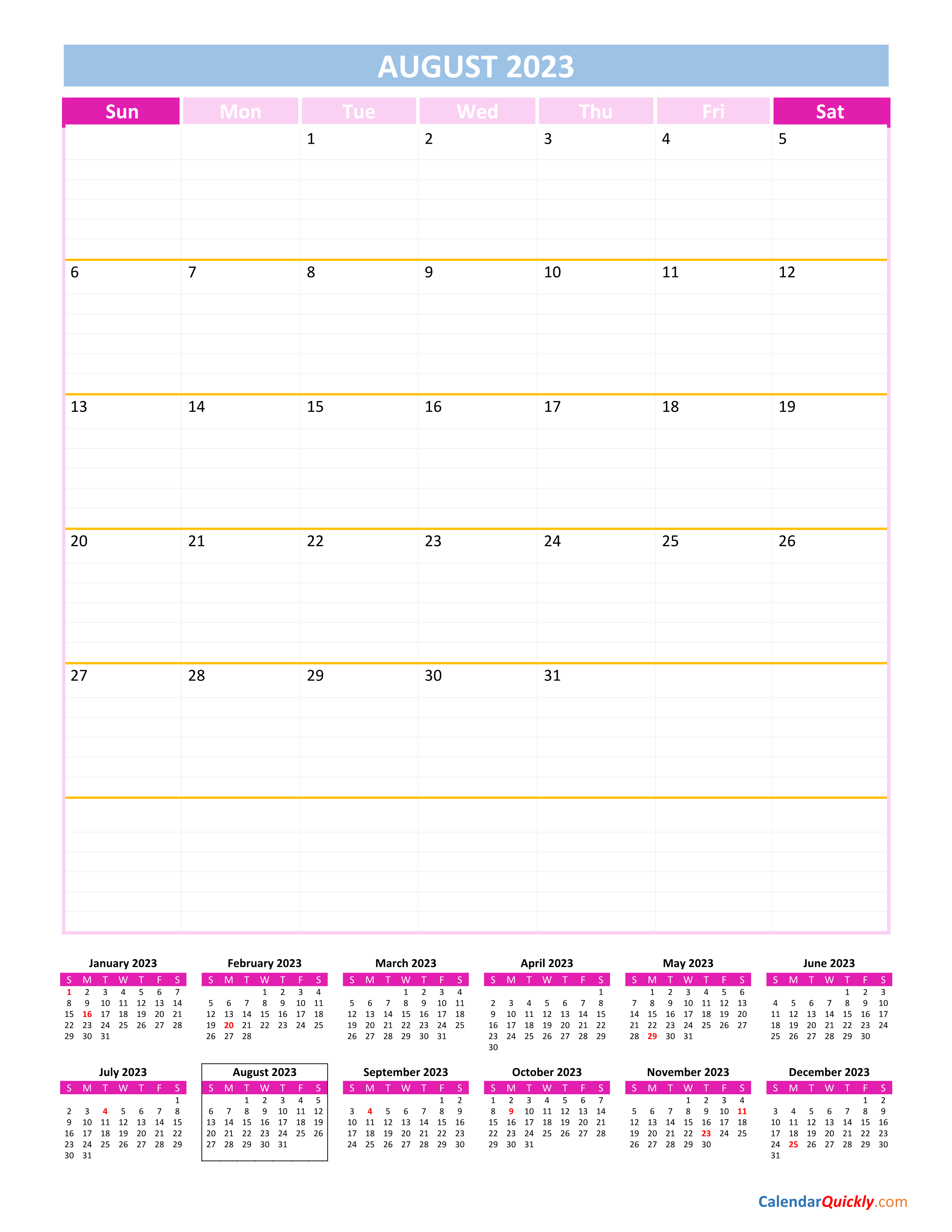 August Calendar 2023 Vertical Calendar Quickly