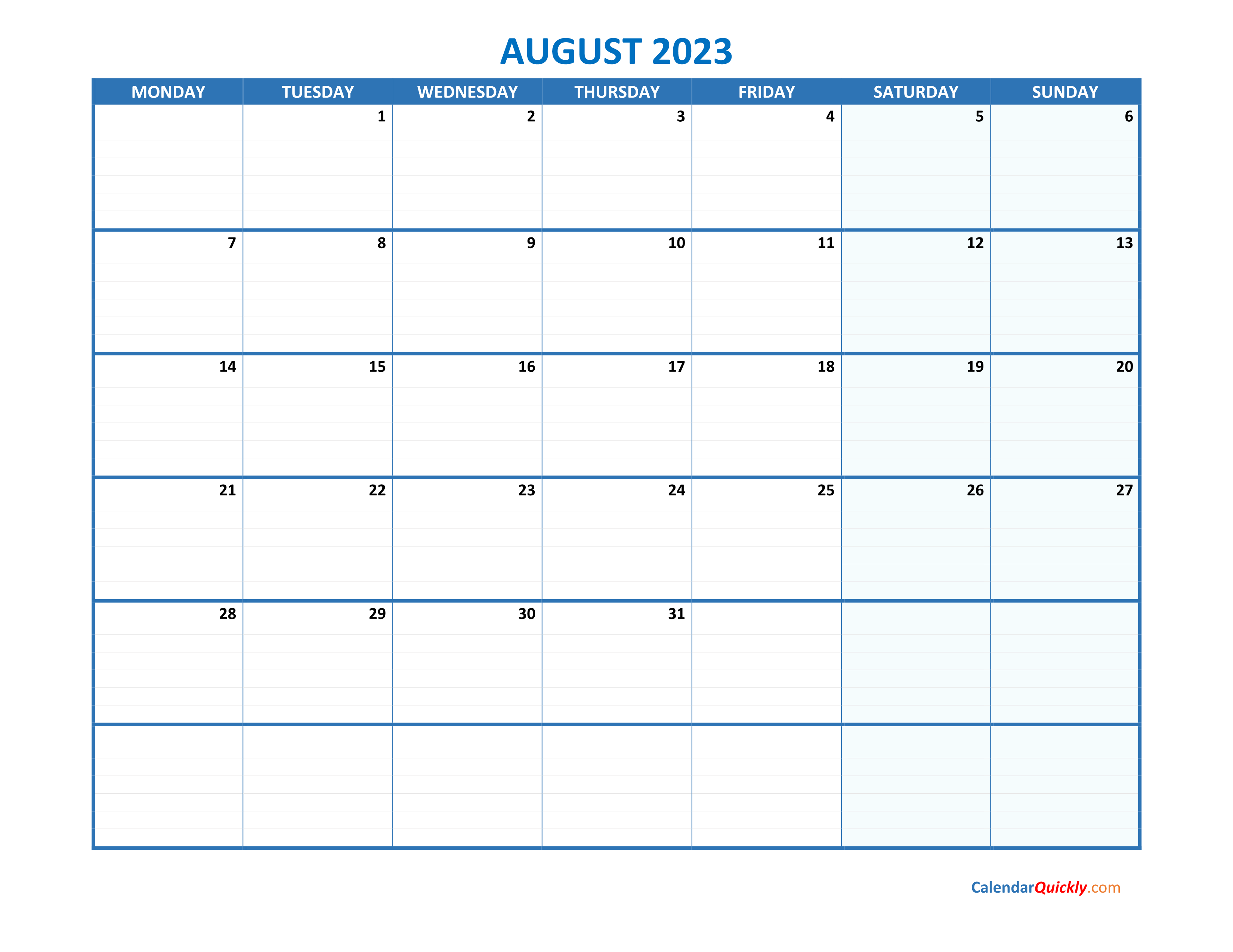 August Monday 2023 Blank Calendar Calendar Quickly