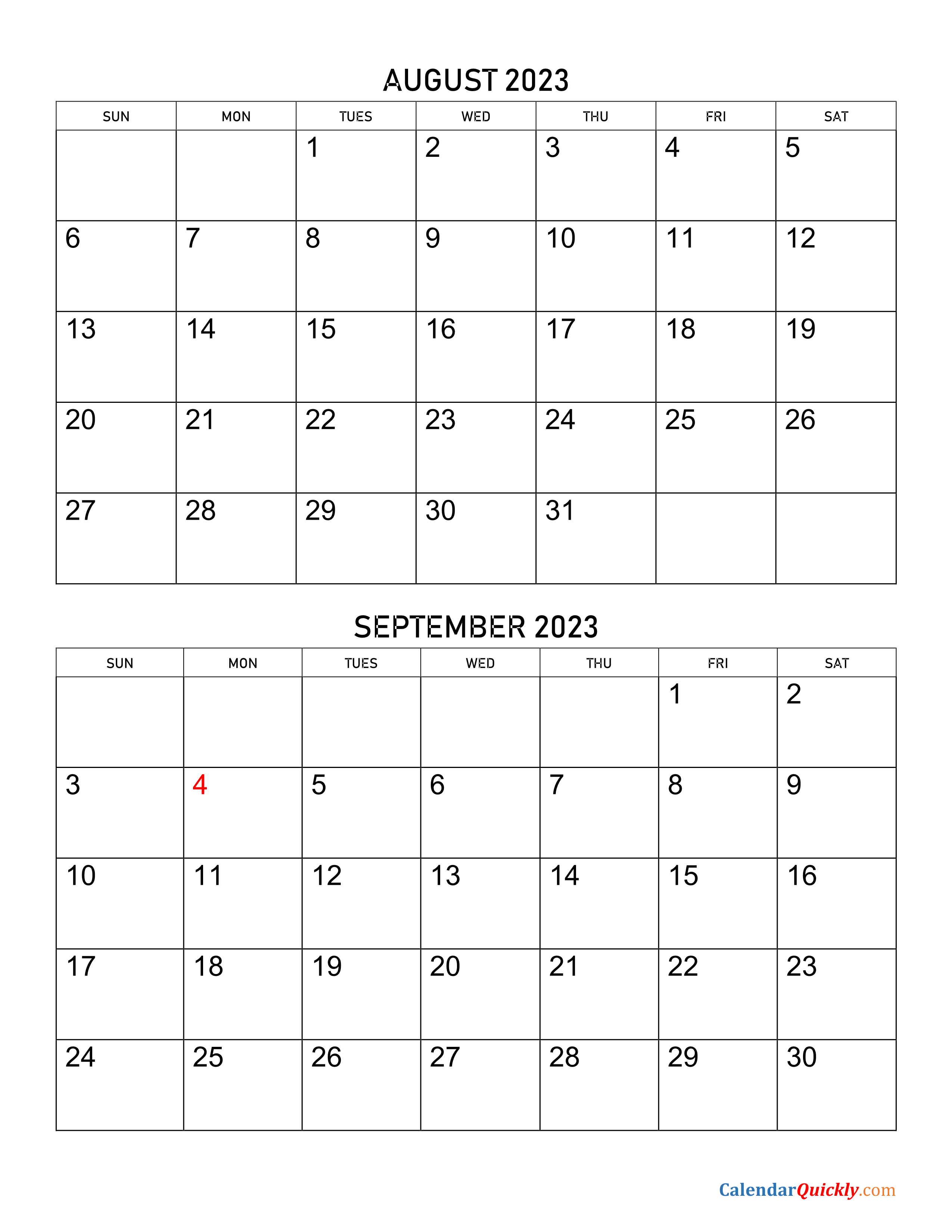 August September 2023 Free Printable Calendar