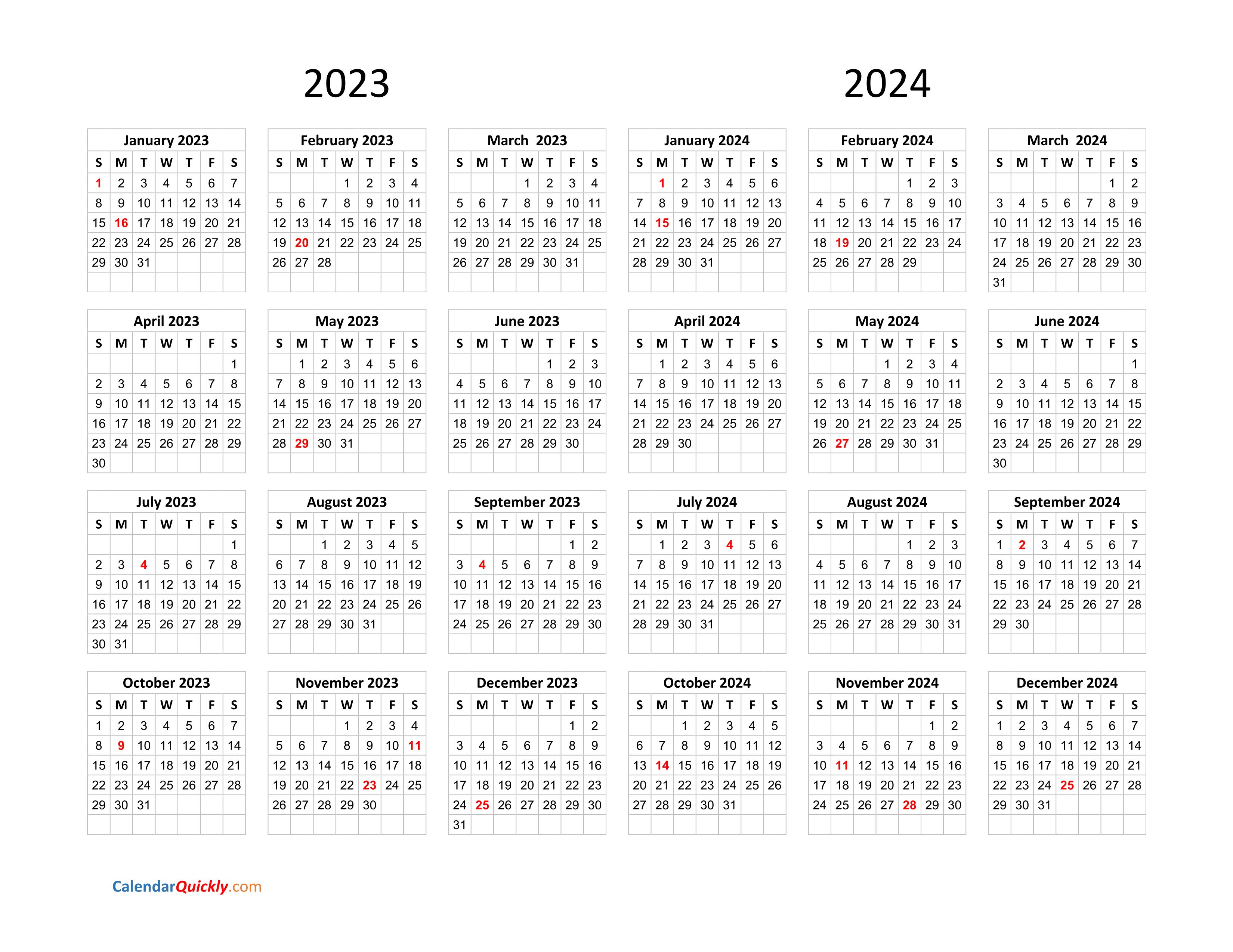 Calendar 2023 and 2024 on One Page | Calendar Quickly