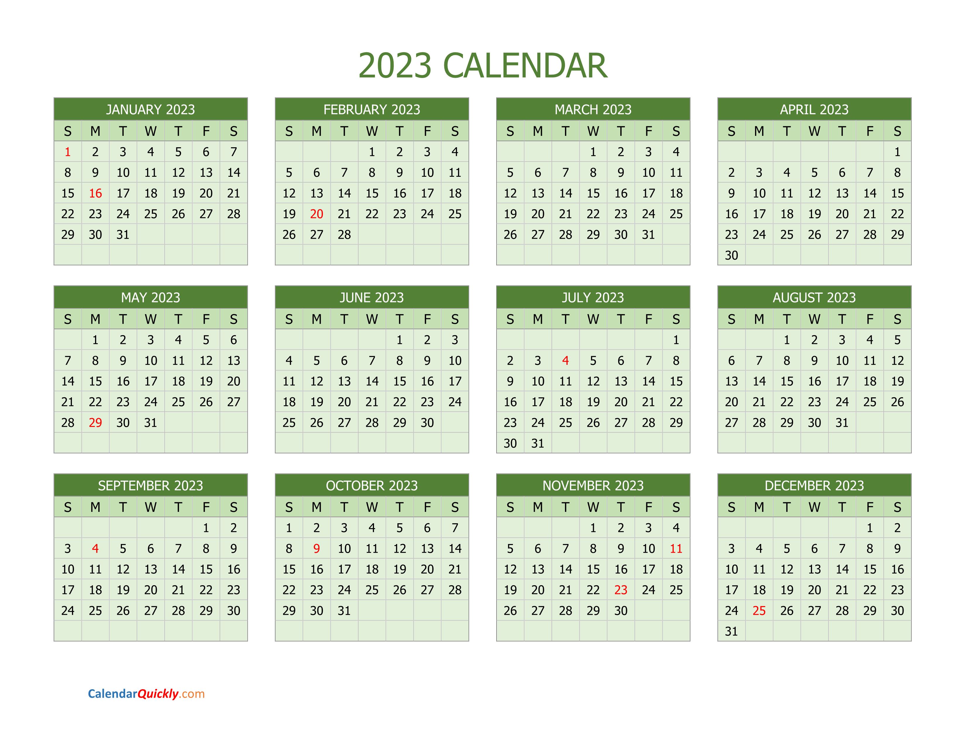 Yearly Calendar 2023 Calendar Quickly