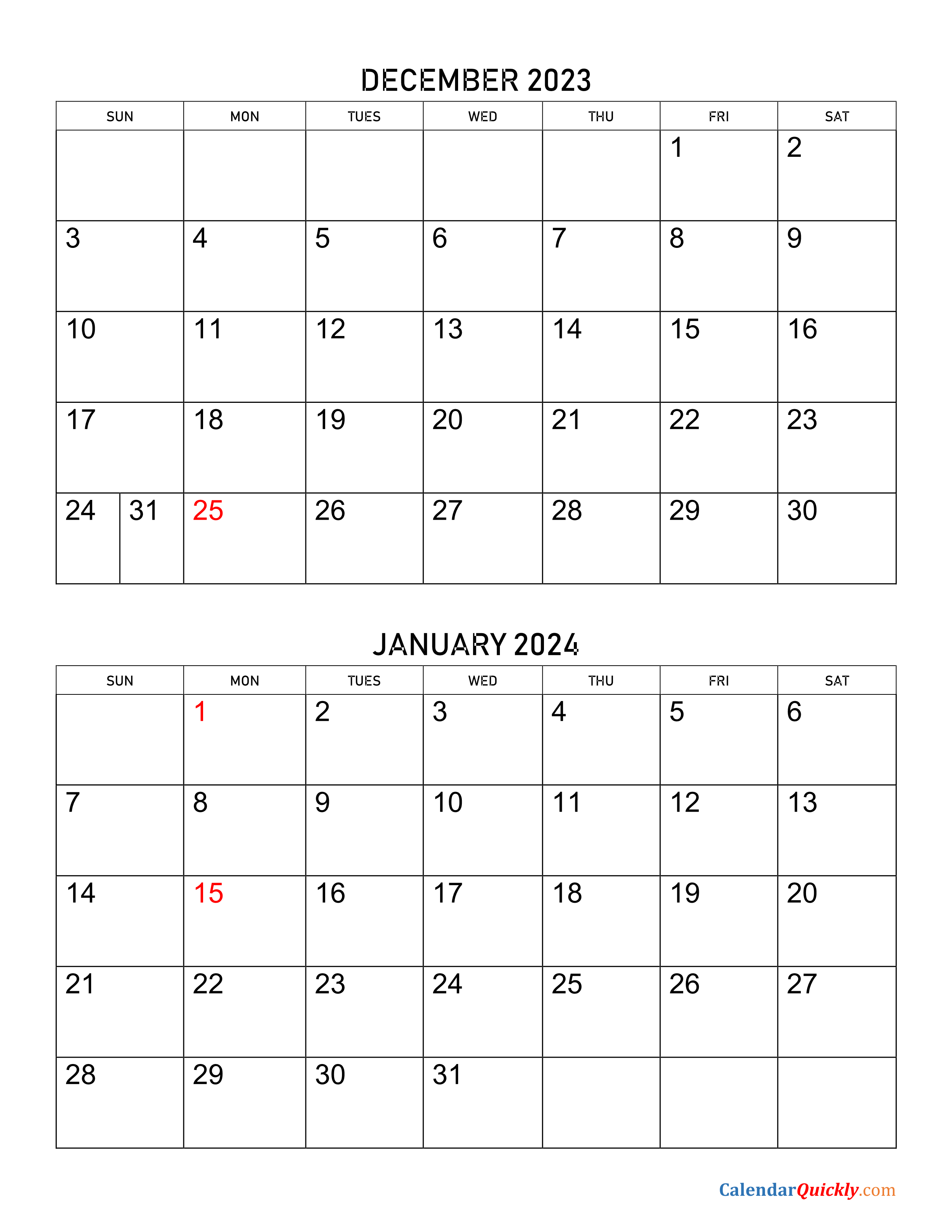 December 2023 and January 2024 Calendar Calendar Quickly