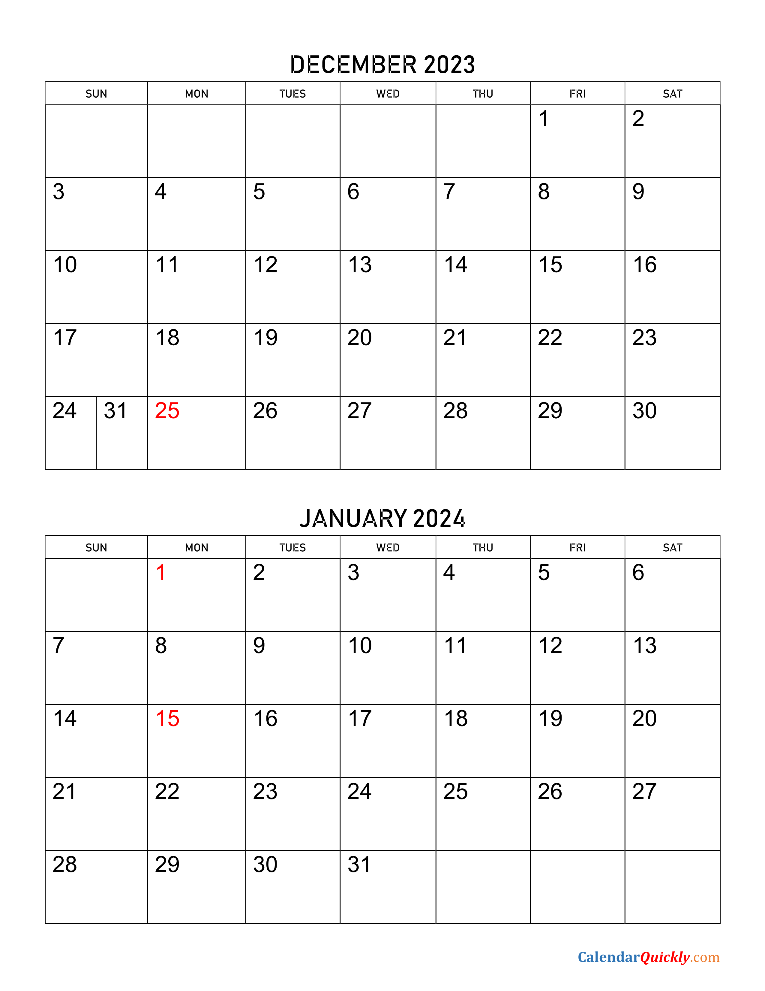 December 2023 And January 2024 Calendar Calendar Quickly