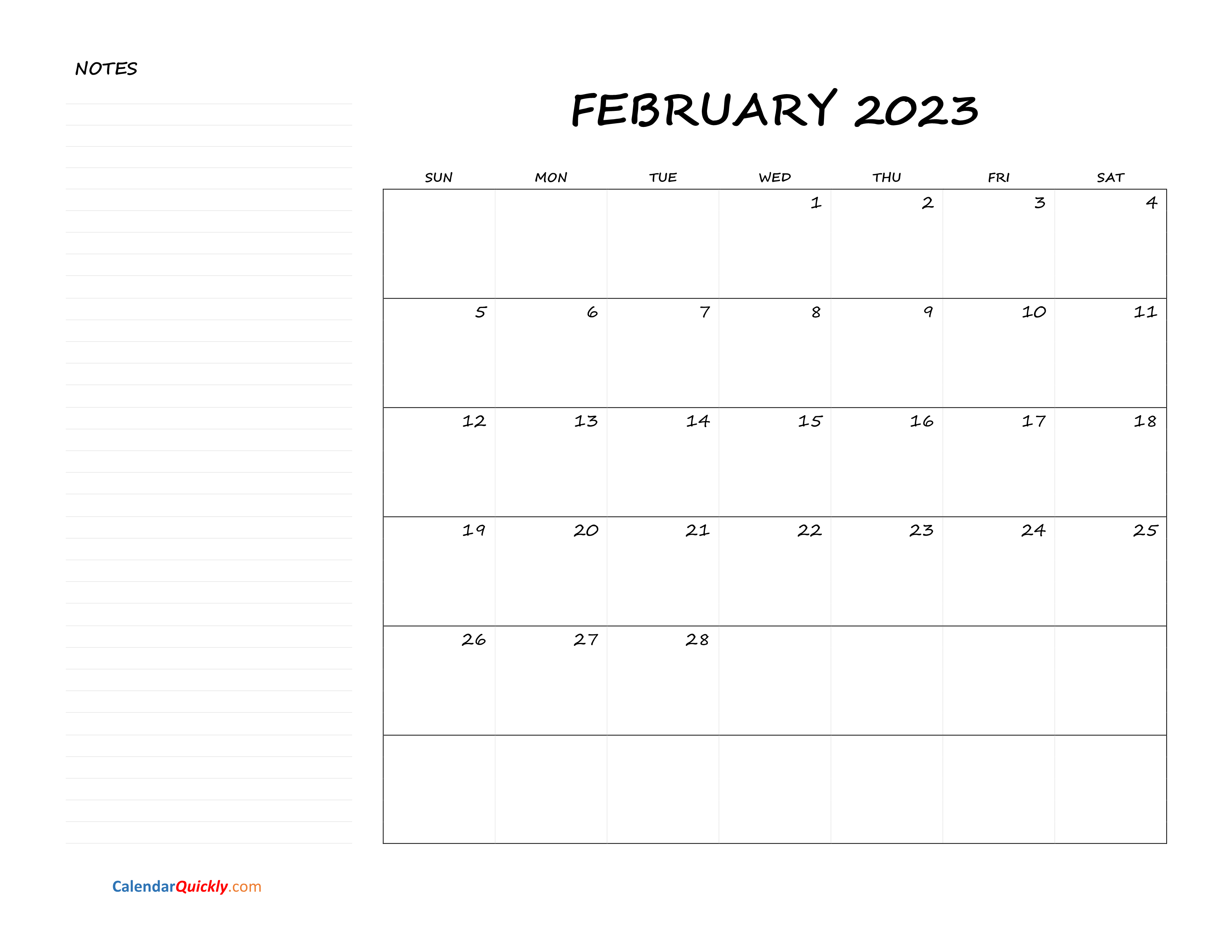 February Blank Calendar 2023 With Notes Calendar Quickly