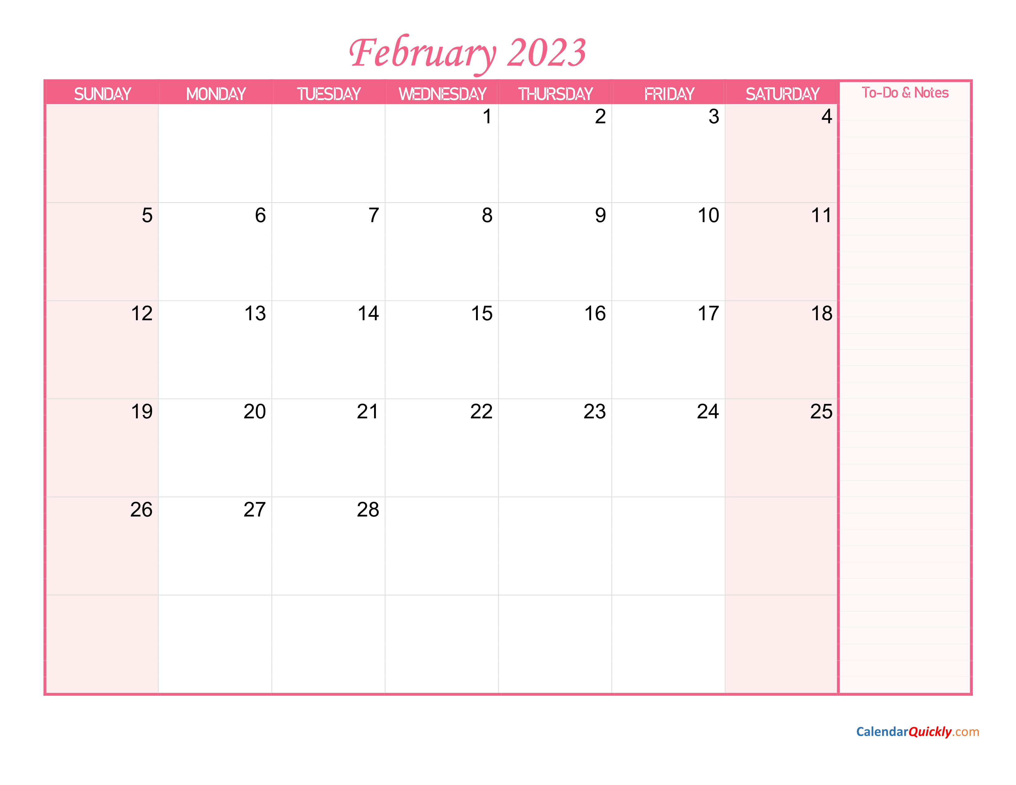 February Calendar 2023 with Notes | Calendar Quickly