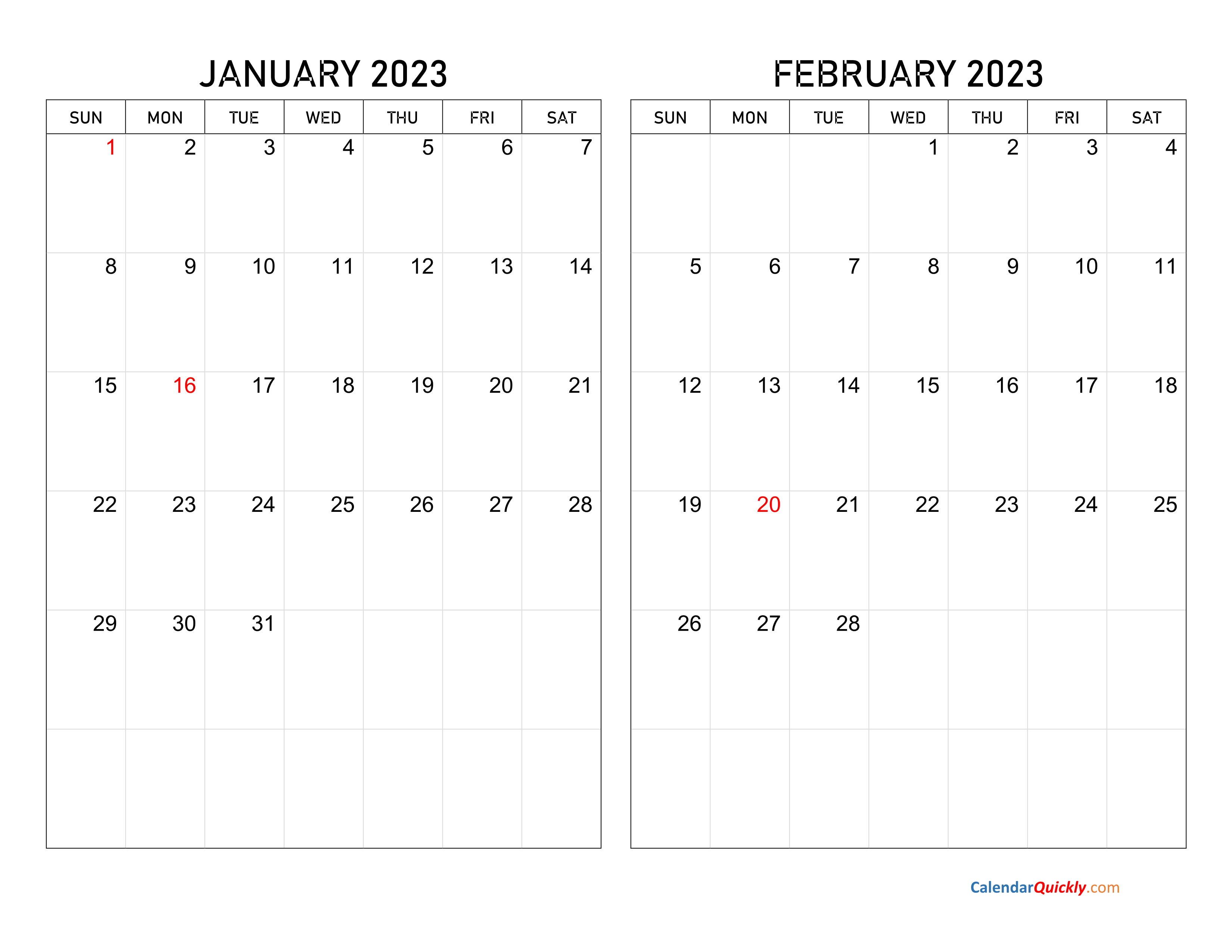 january february 2023 calendar template two month free printable