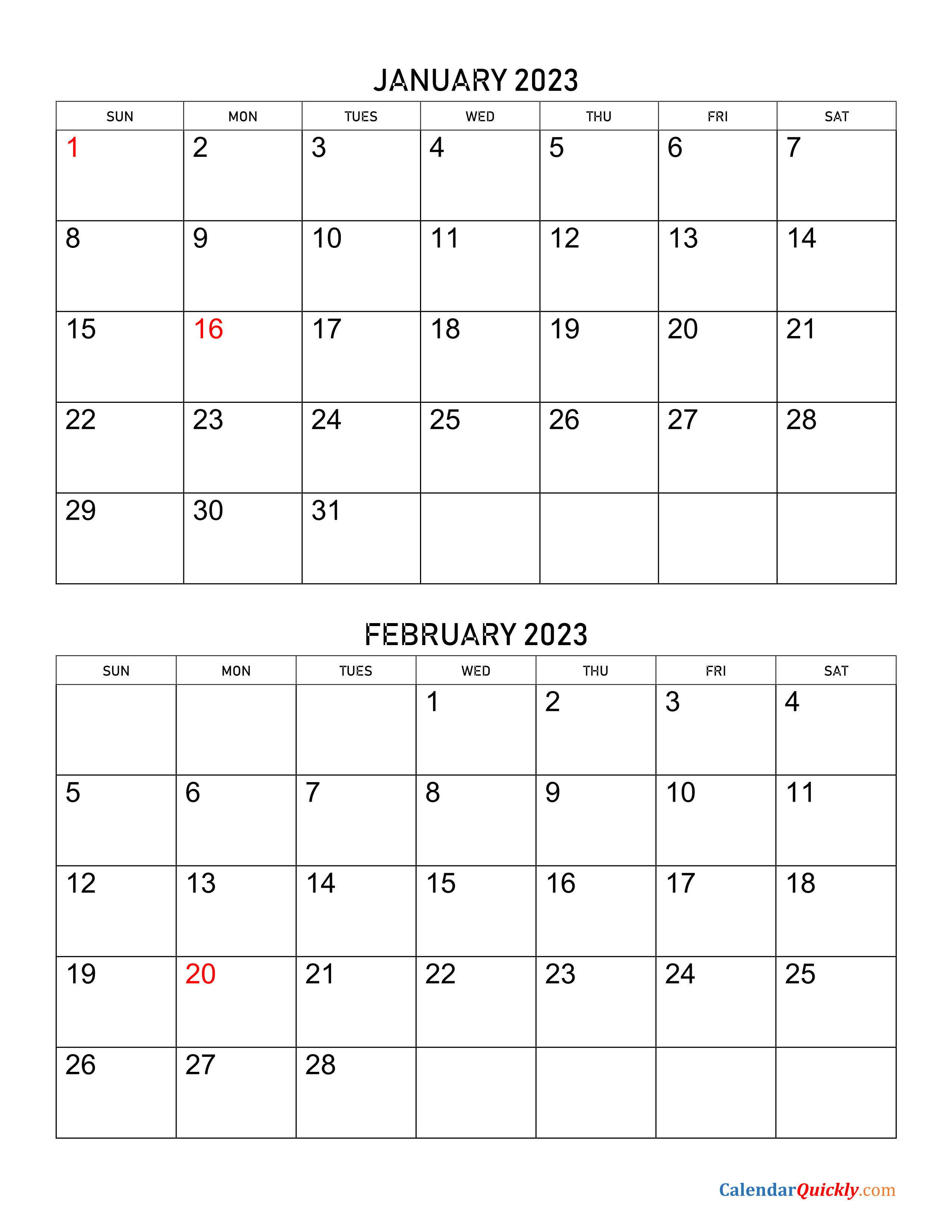 January and February 2023 Calendar Calendar Quickly
