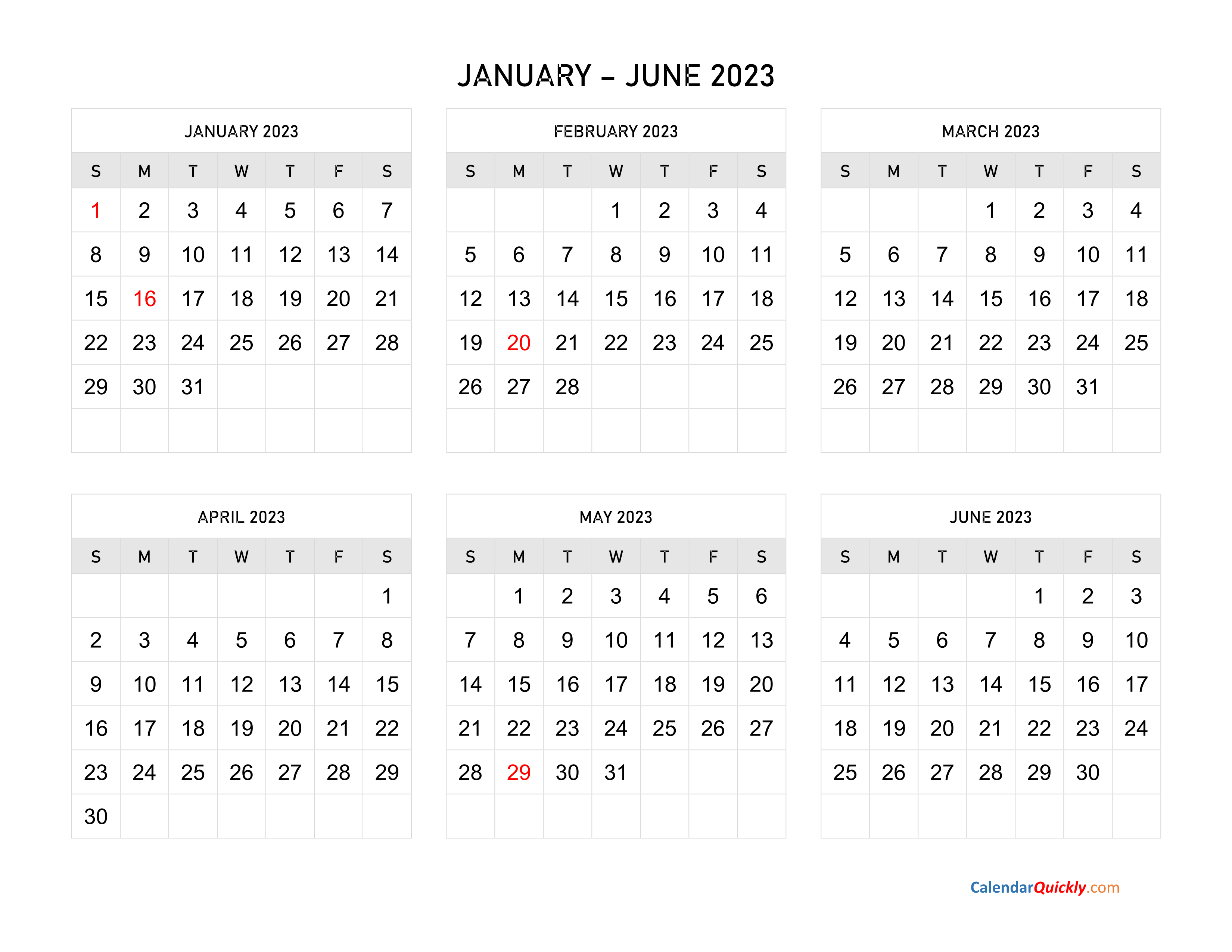January to June 2023 Calendar Horizontal | Calendar Quickly