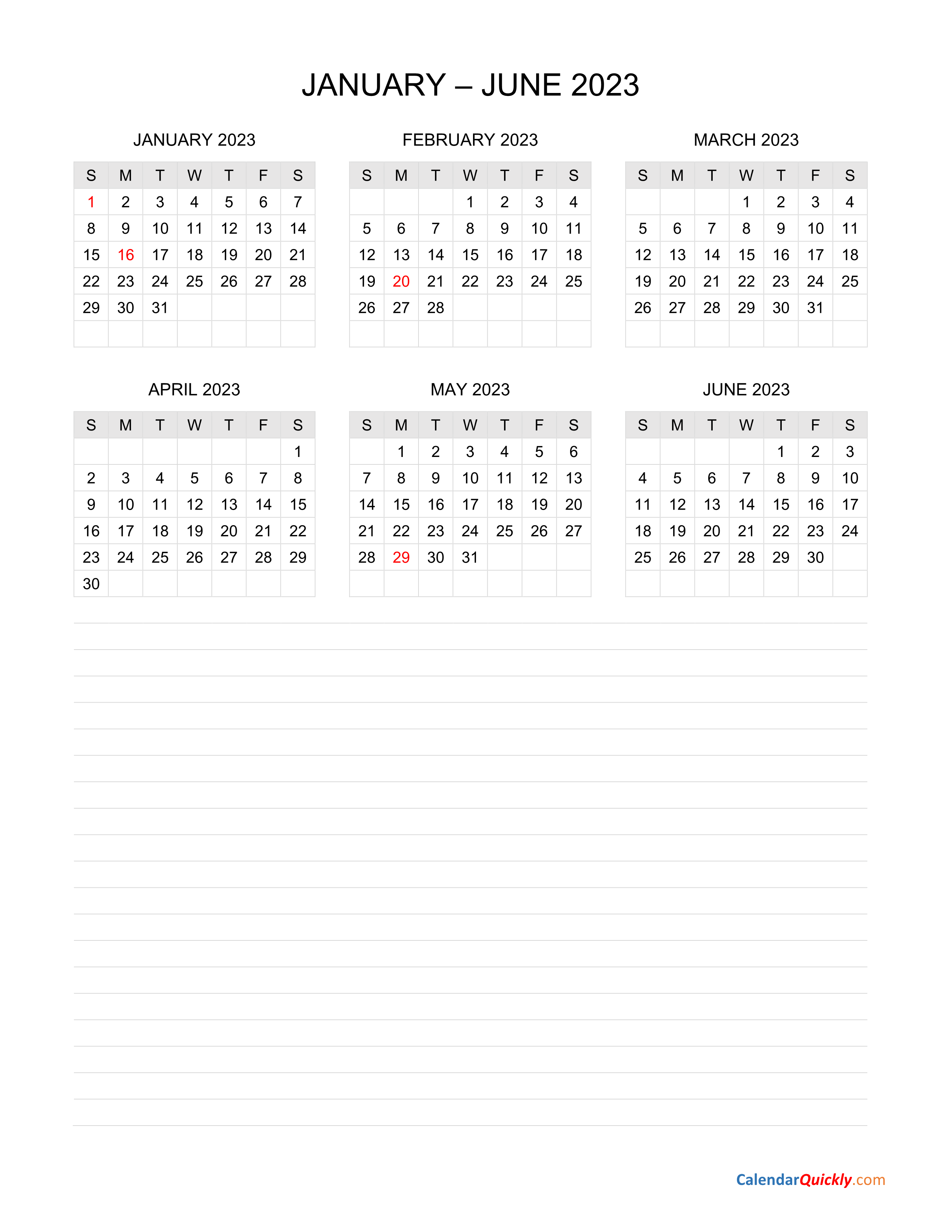 January to June 2023 Calendar with Notes | Calendar Quickly