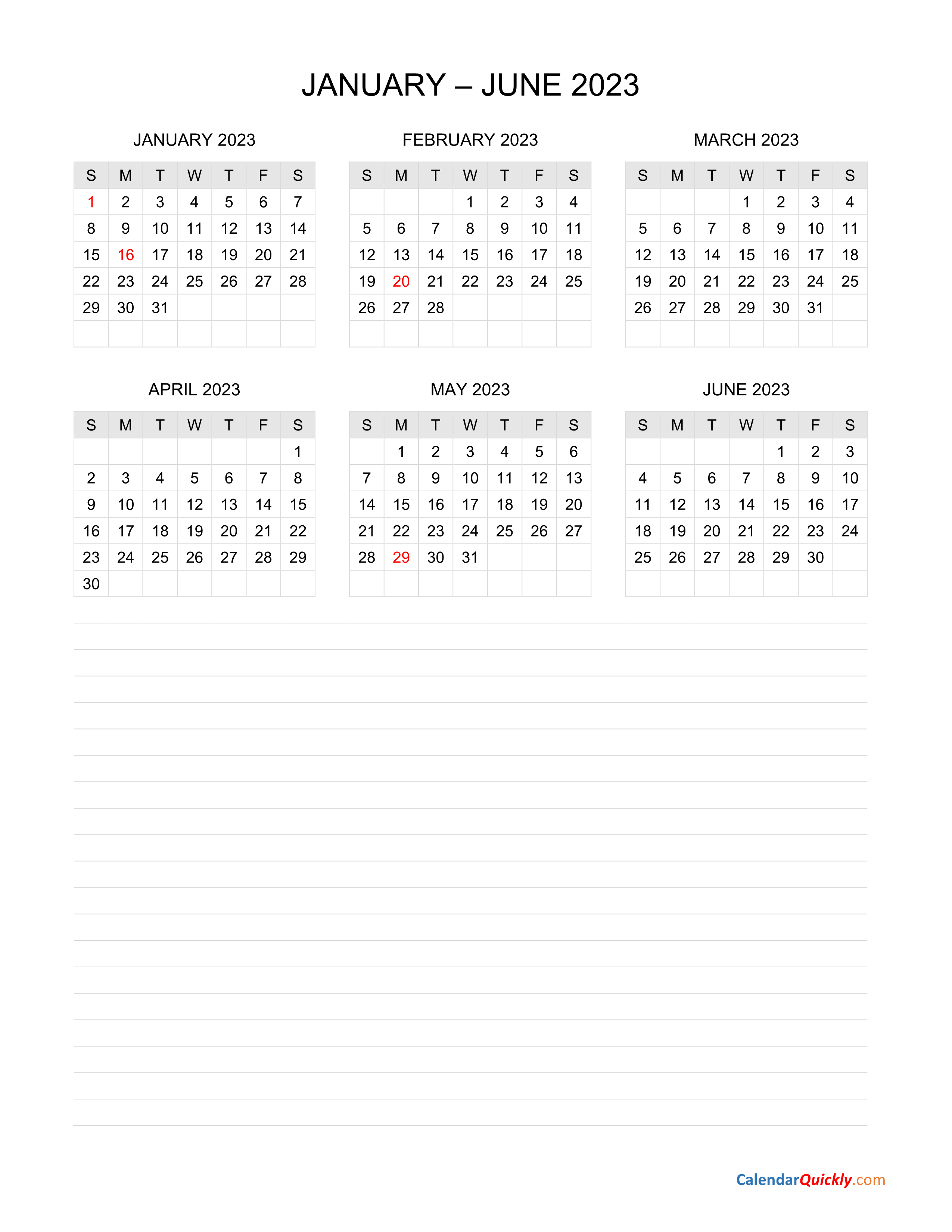 January To June 2023 Calendar With Notes Calendar Quickly