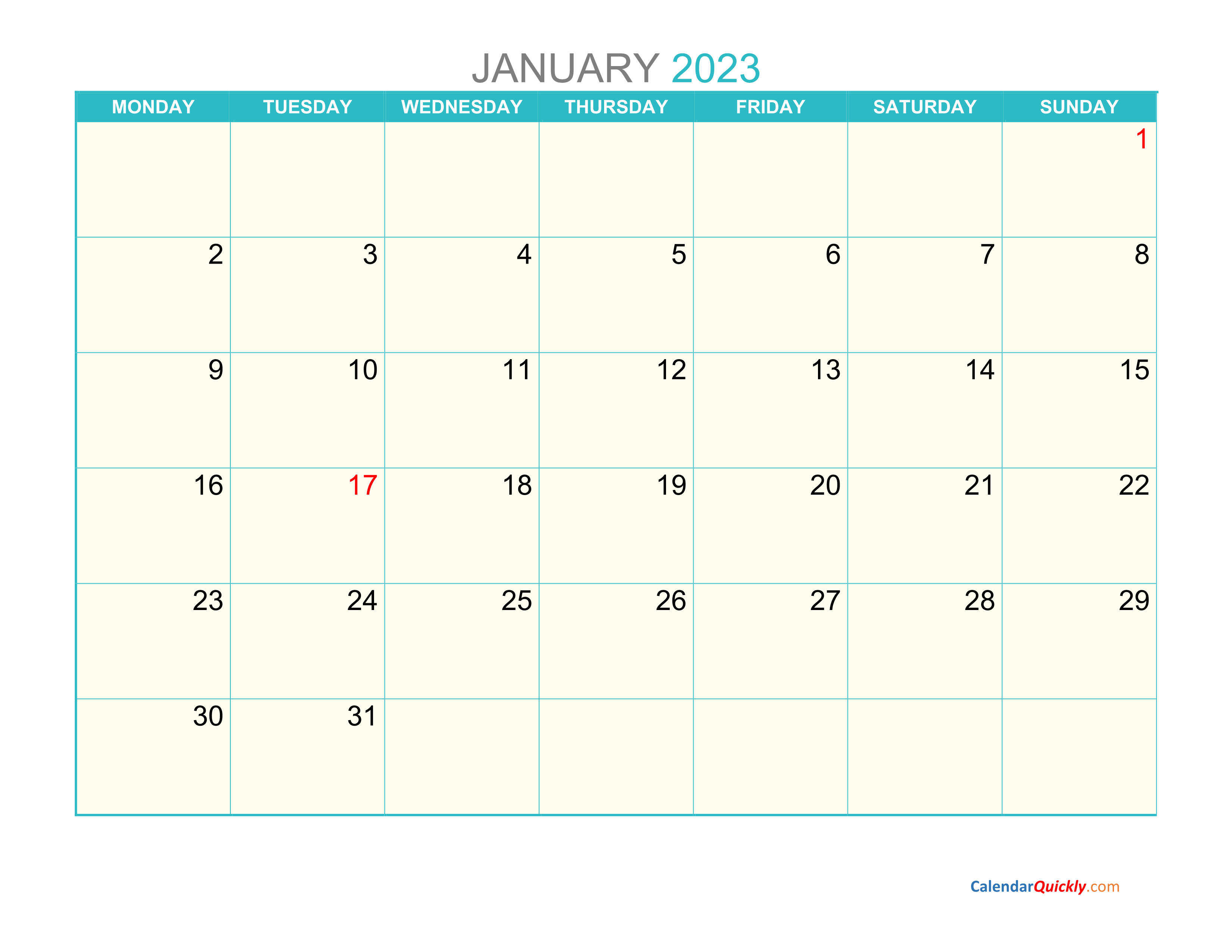 January Monday 2023 Calendar Printable Calendar Quickly