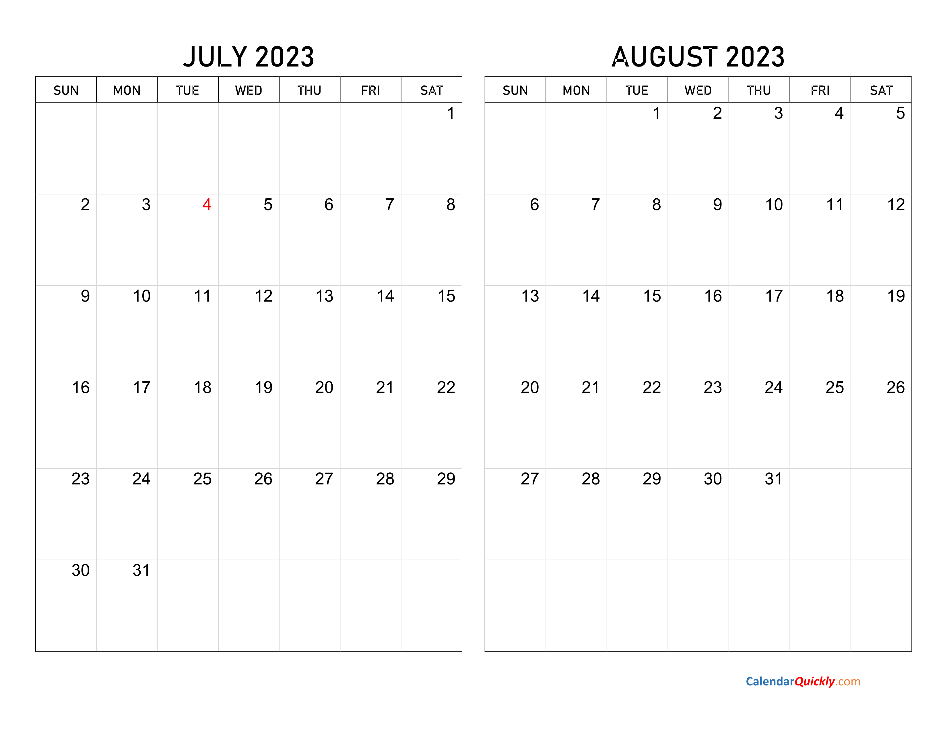 July and August 2023 Calendar | Calendar Quickly