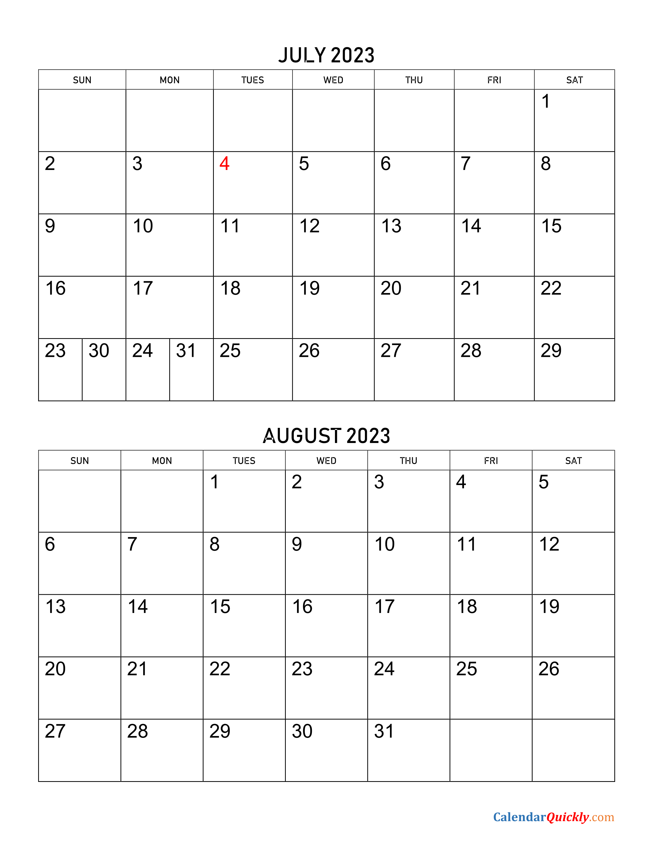 July and August 2023 Calendar Calendar Quickly
