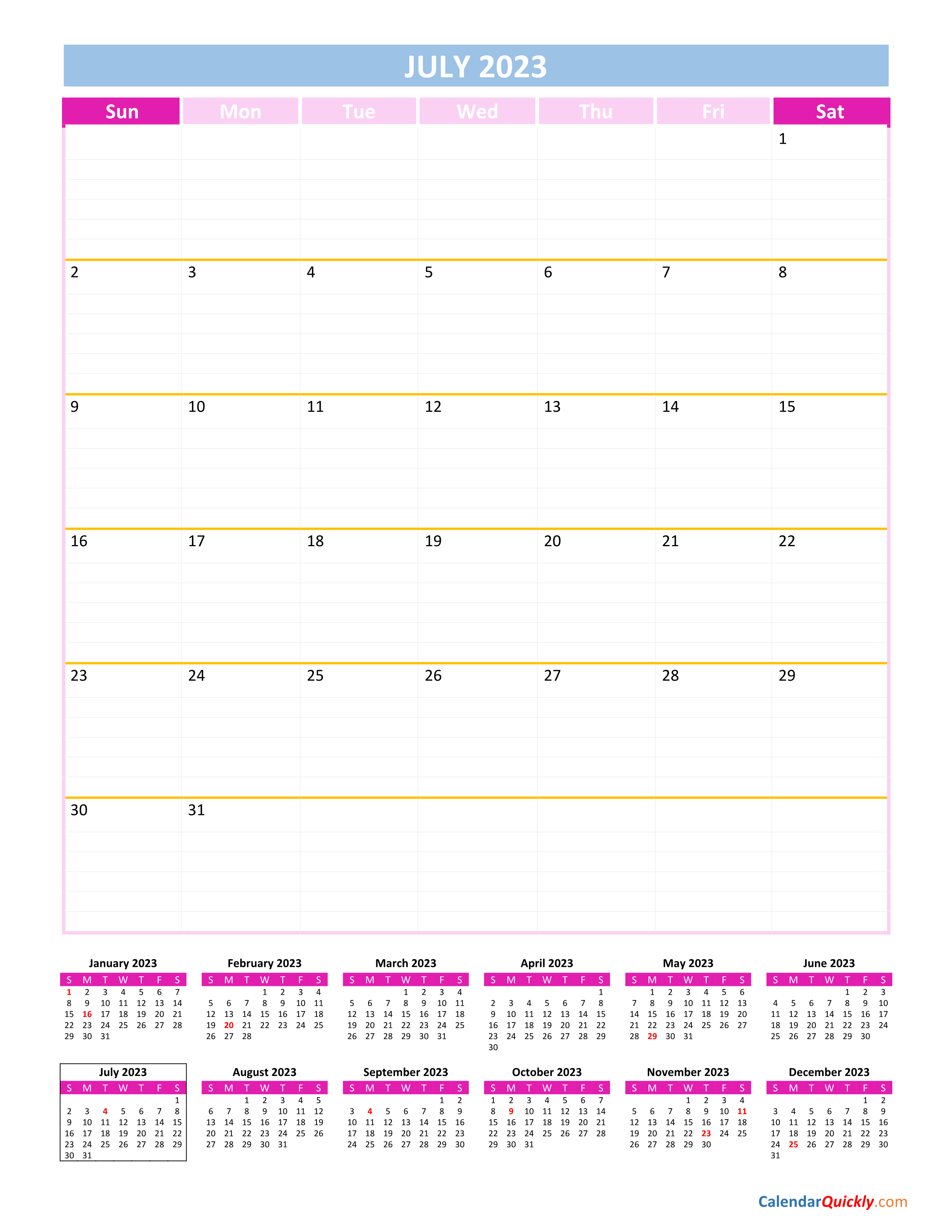 July Calendar 2023 Vertical Calendar Quickly