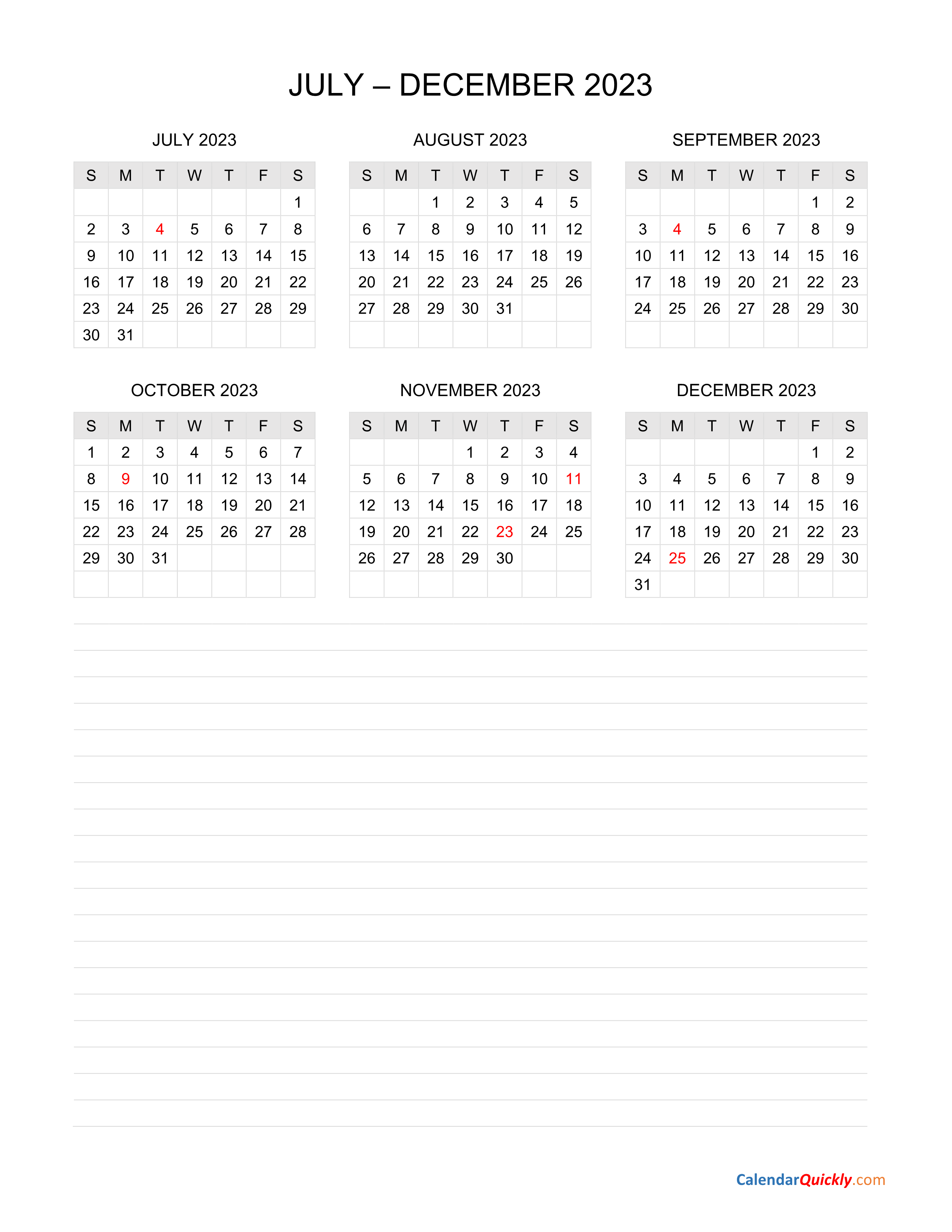 July To December 2023 Calendar With Notes Calendar Quickly