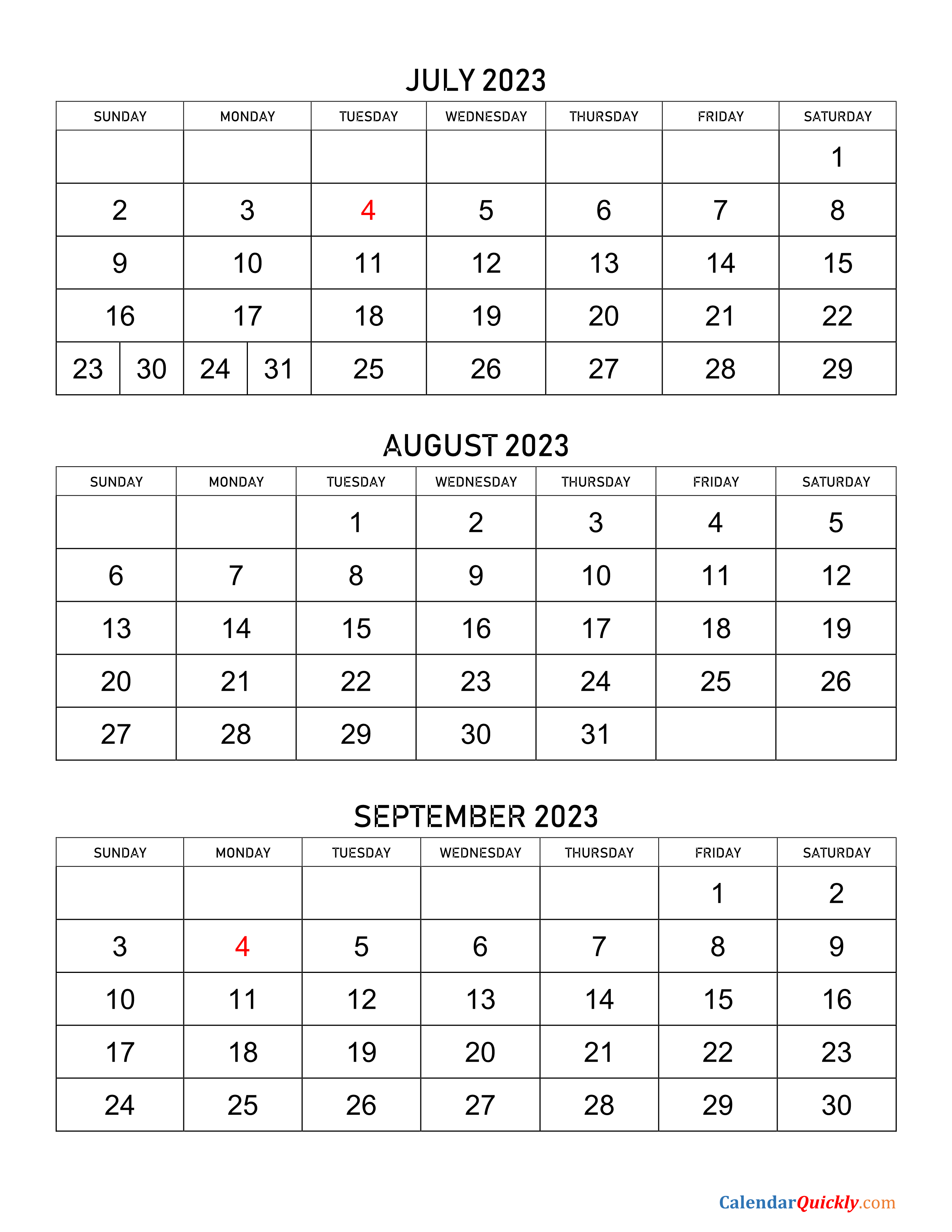 July August September 2023 Three Month Calendar July To September 2023 Calendar Calendar 
