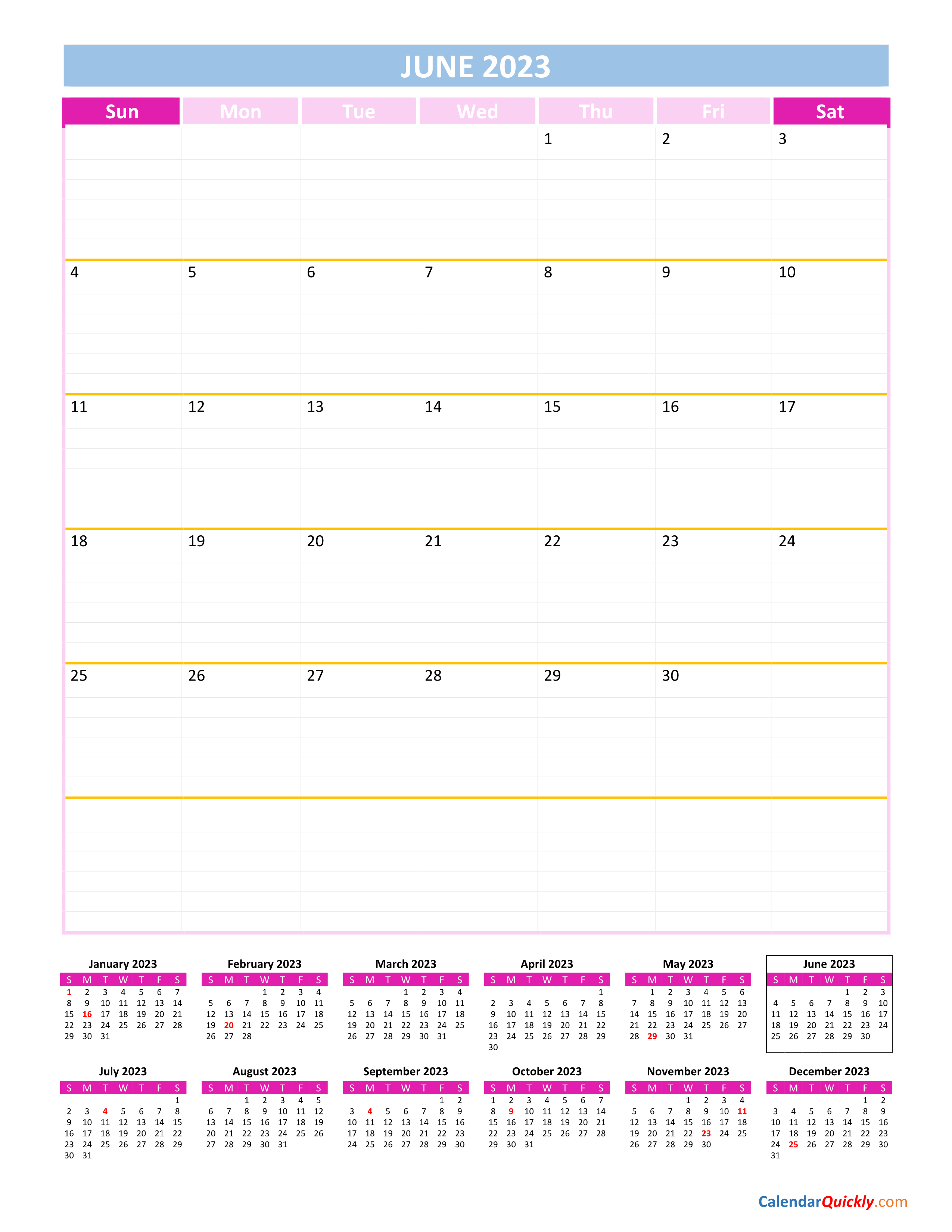 June Calendar 2023 Vertical Calendar Quickly