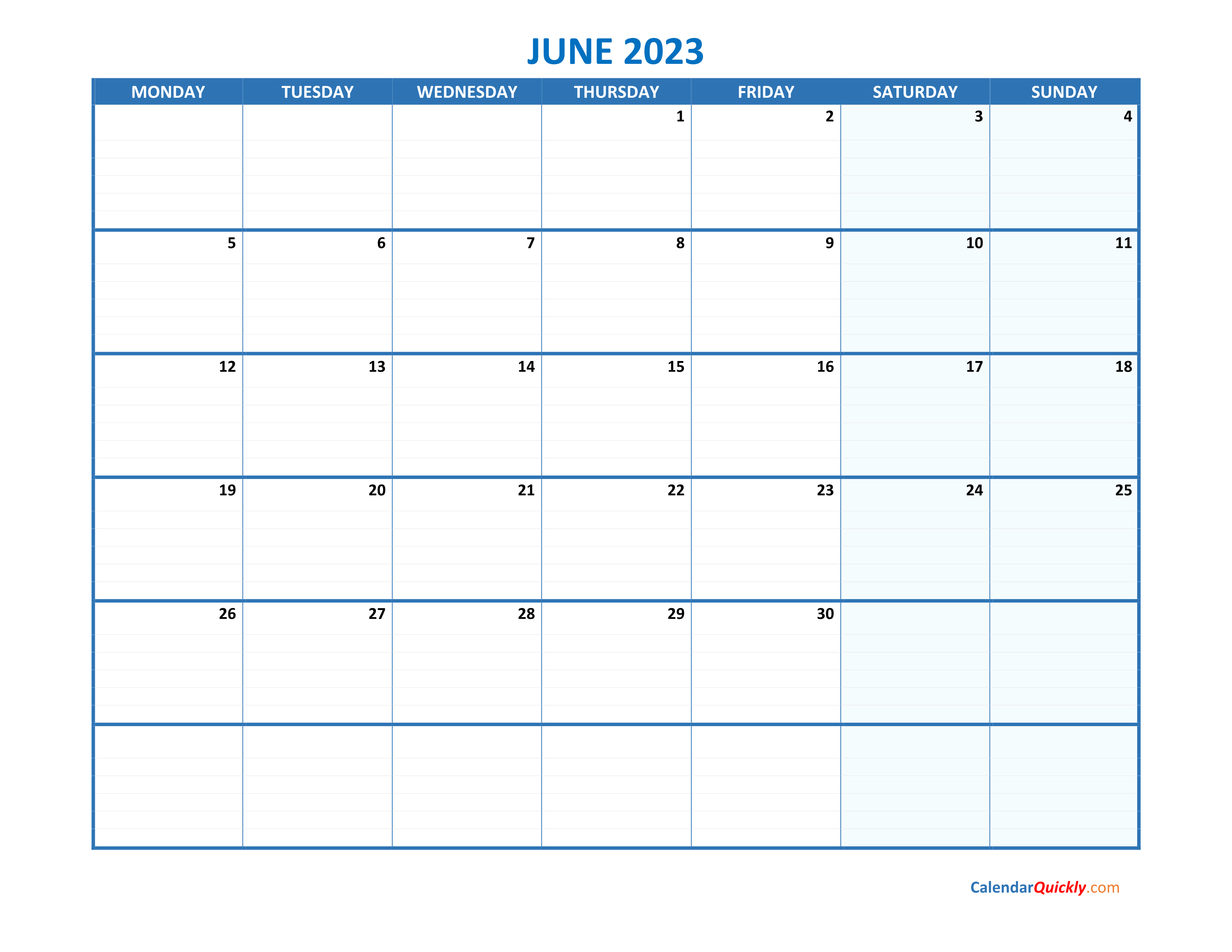 June Monday 2023 Blank Calendar Calendar Quickly