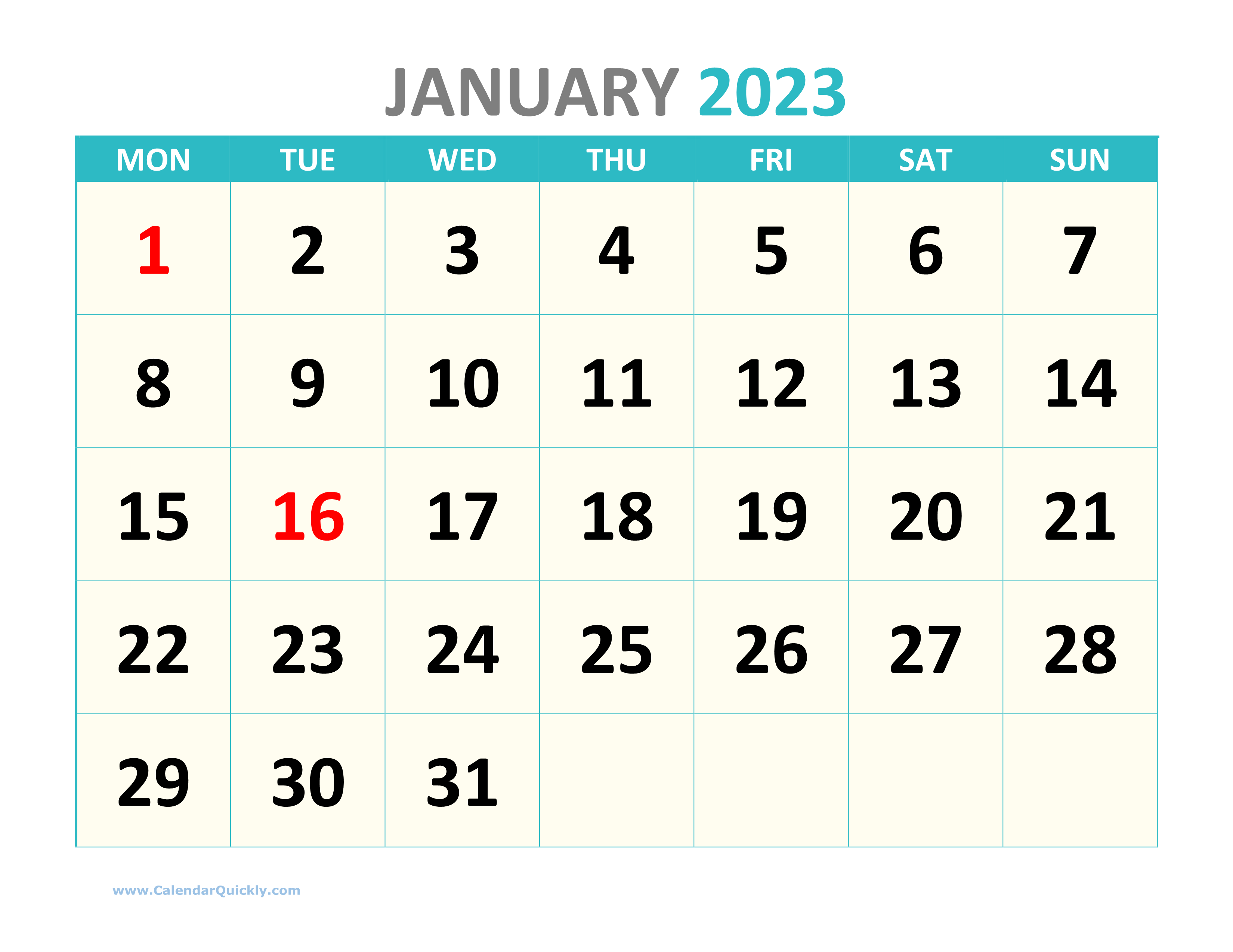 Free Printable Calendar Monday Start 2023