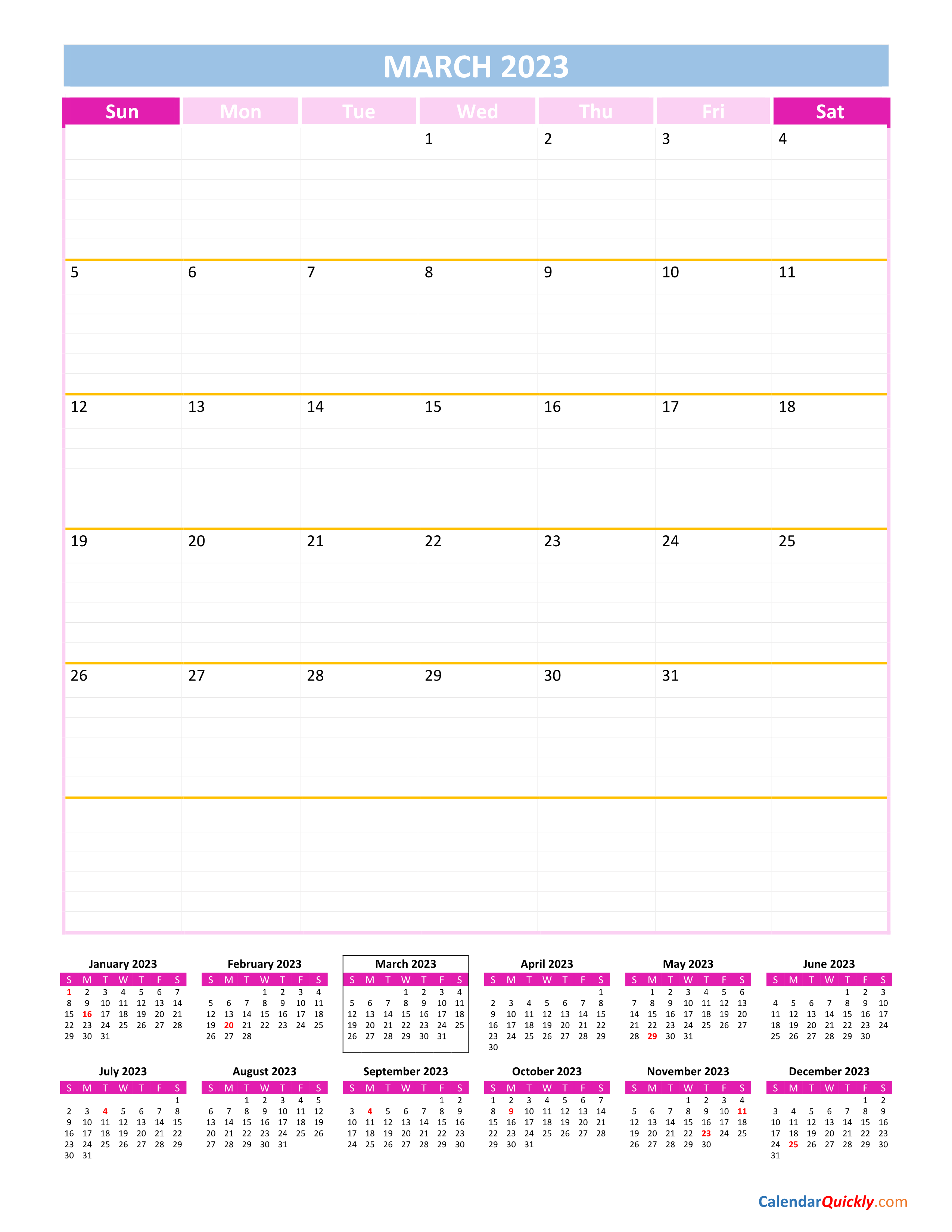 March Calendar 2023 Vertical | Calendar Quickly