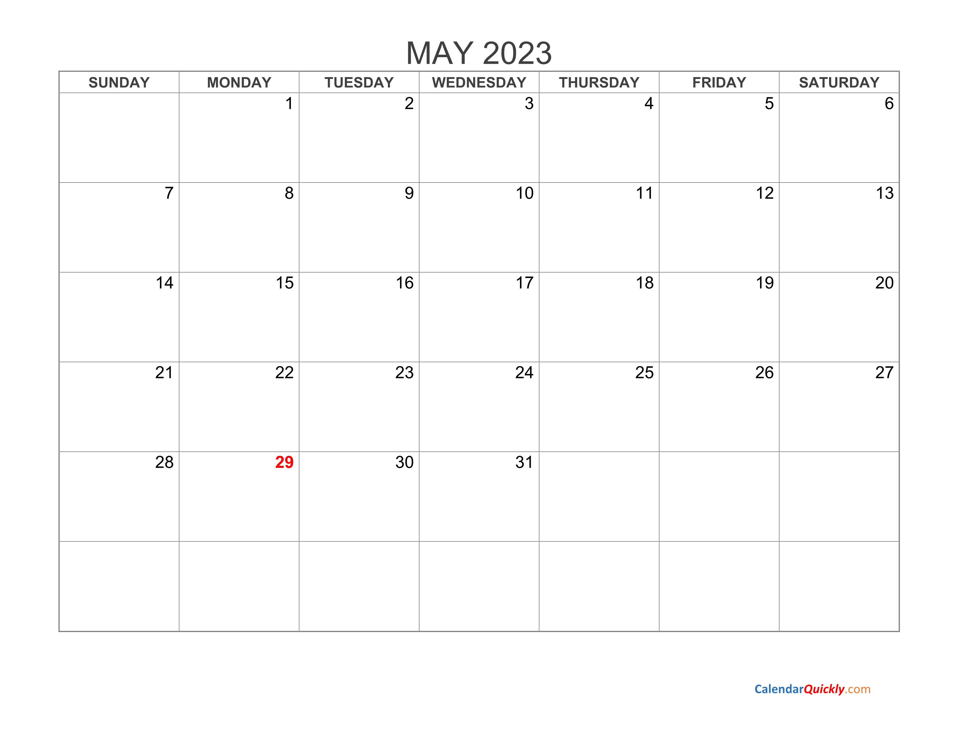 May 2023 Blank Calendar Calendar Quickly