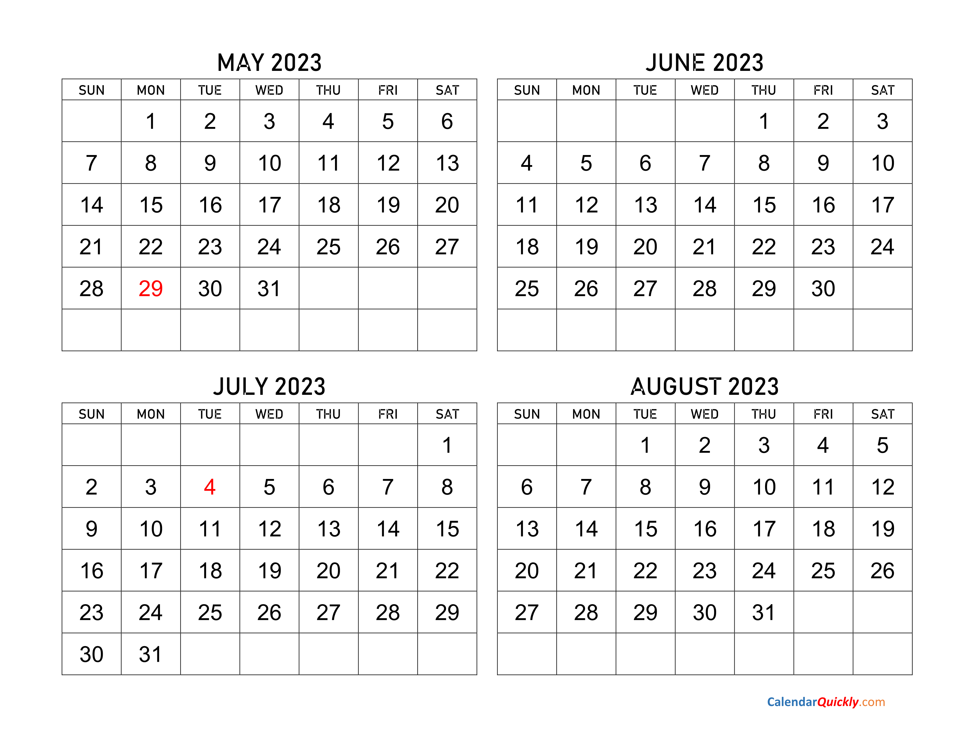 May to August 2023 Calendar Calendar Quickly