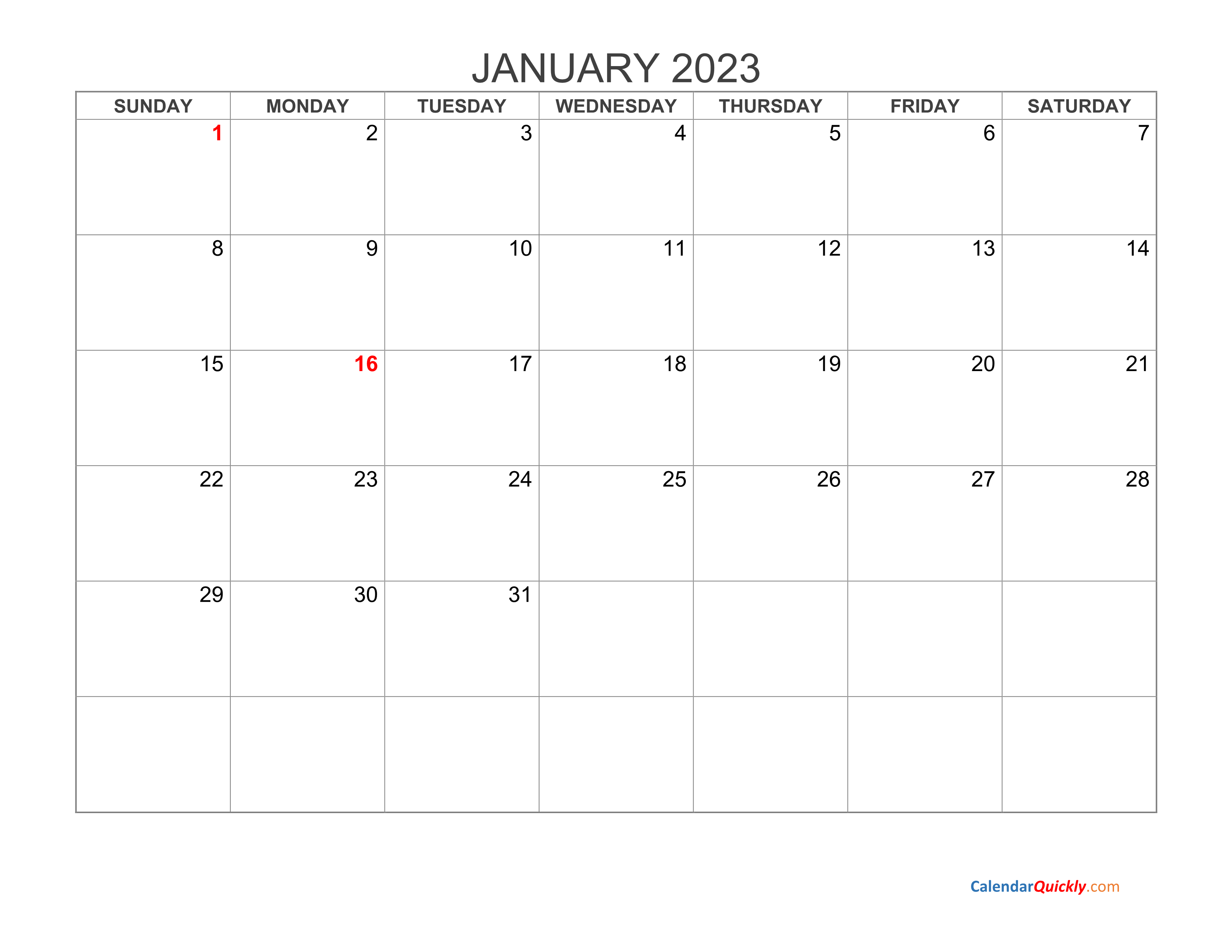 Free Printable Monthly Blank Calendar 2023
