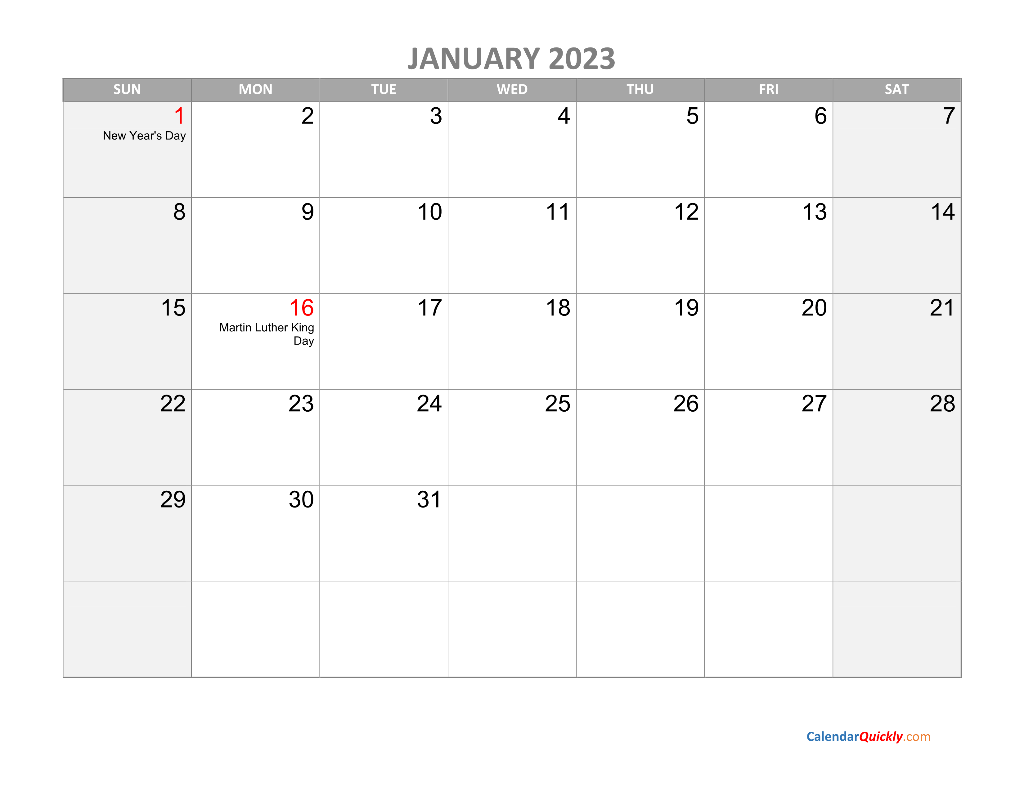 Monthly Calendar 2023 with Holidays Calendar Quickly