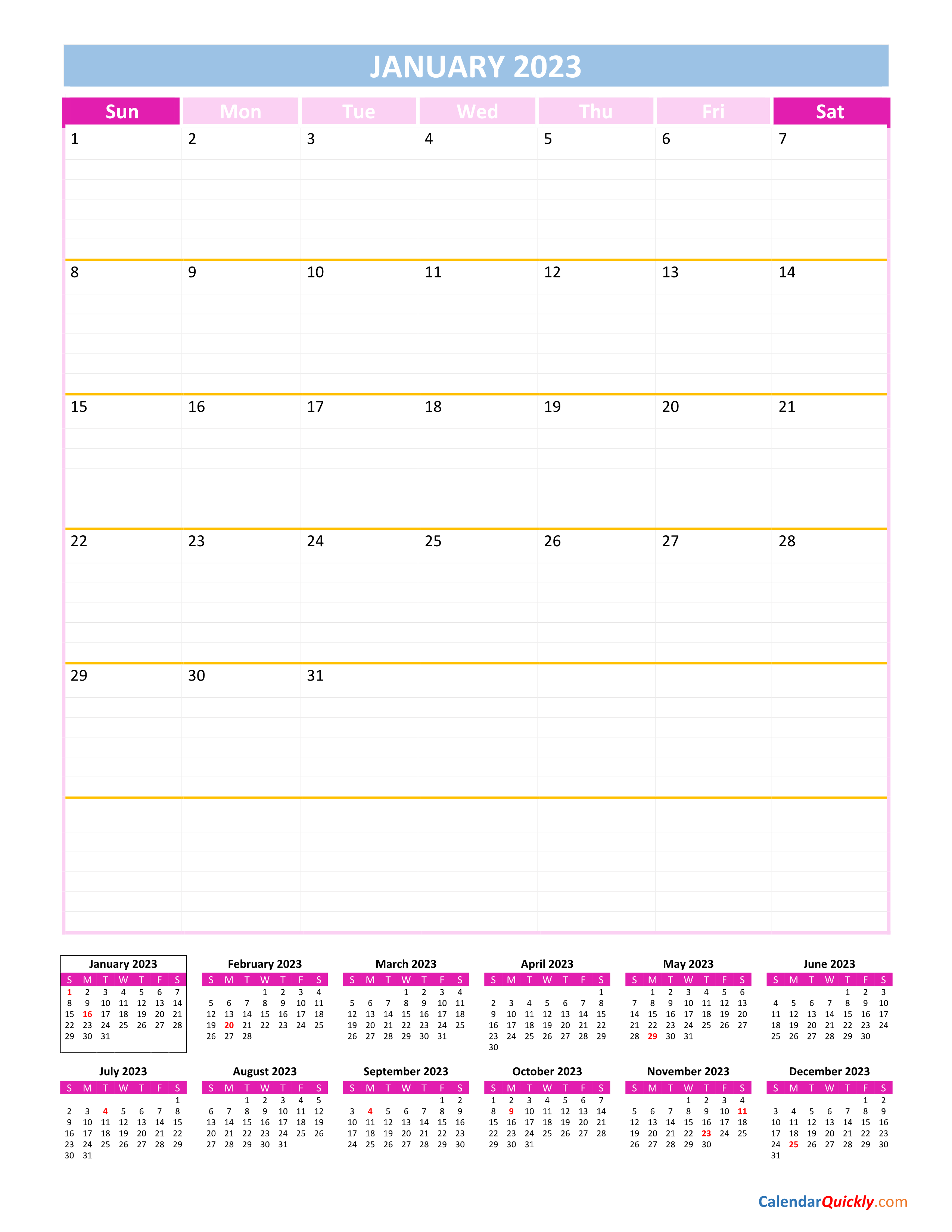 Monthly Calendar 2023 Vertical | Calendar Quickly