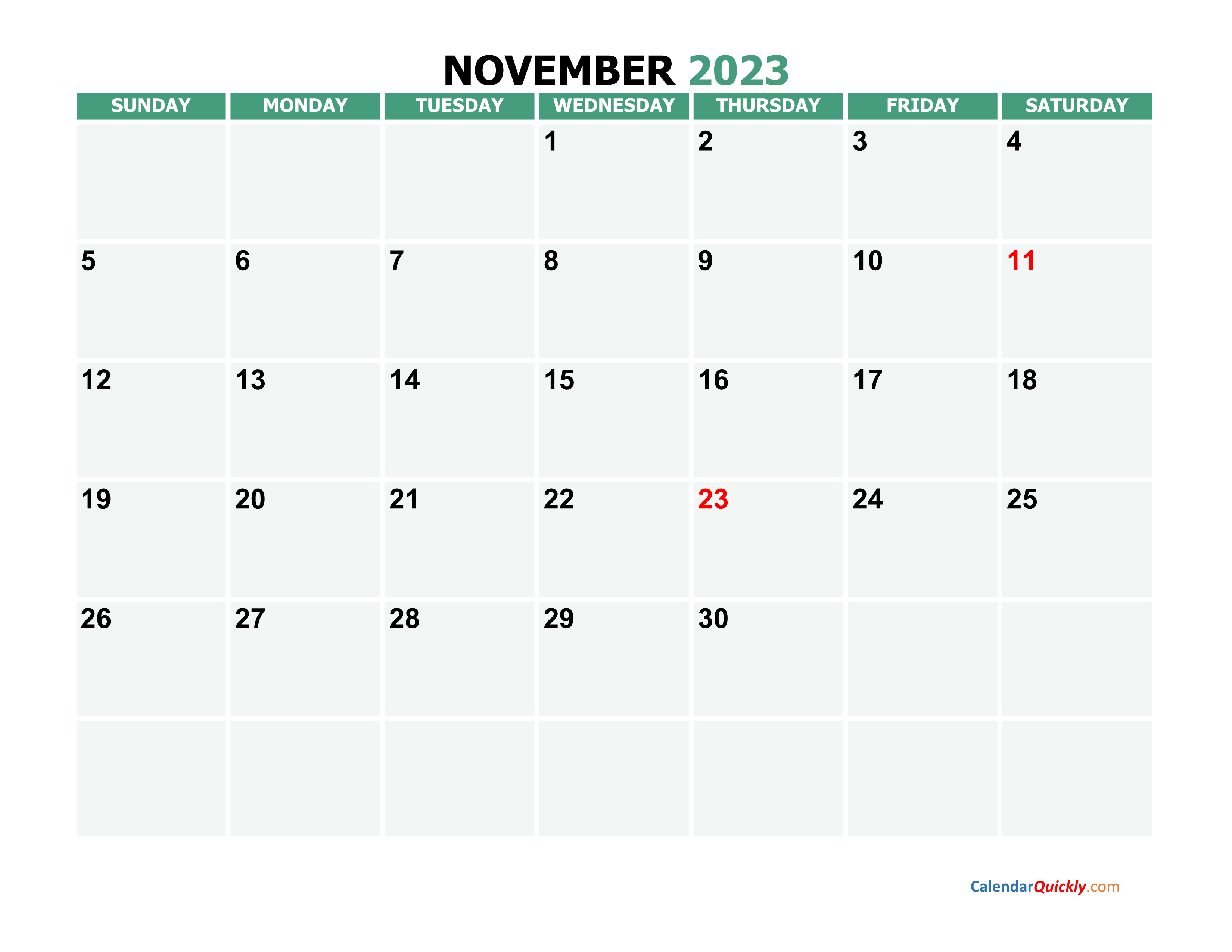 November 2023 Printable Calendar Calendar Quickly