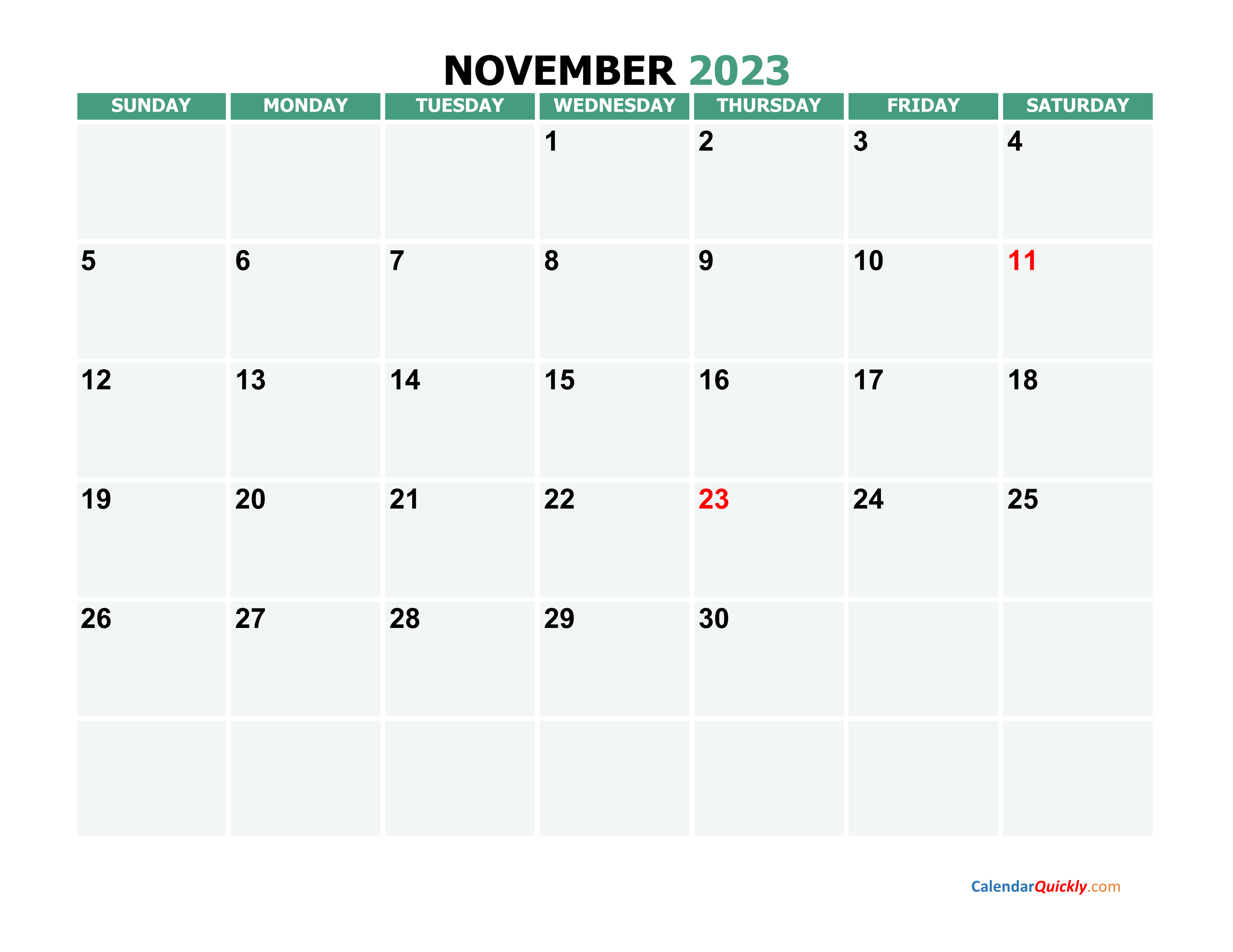 November 2023 Printable Calendar | Calendar Quickly