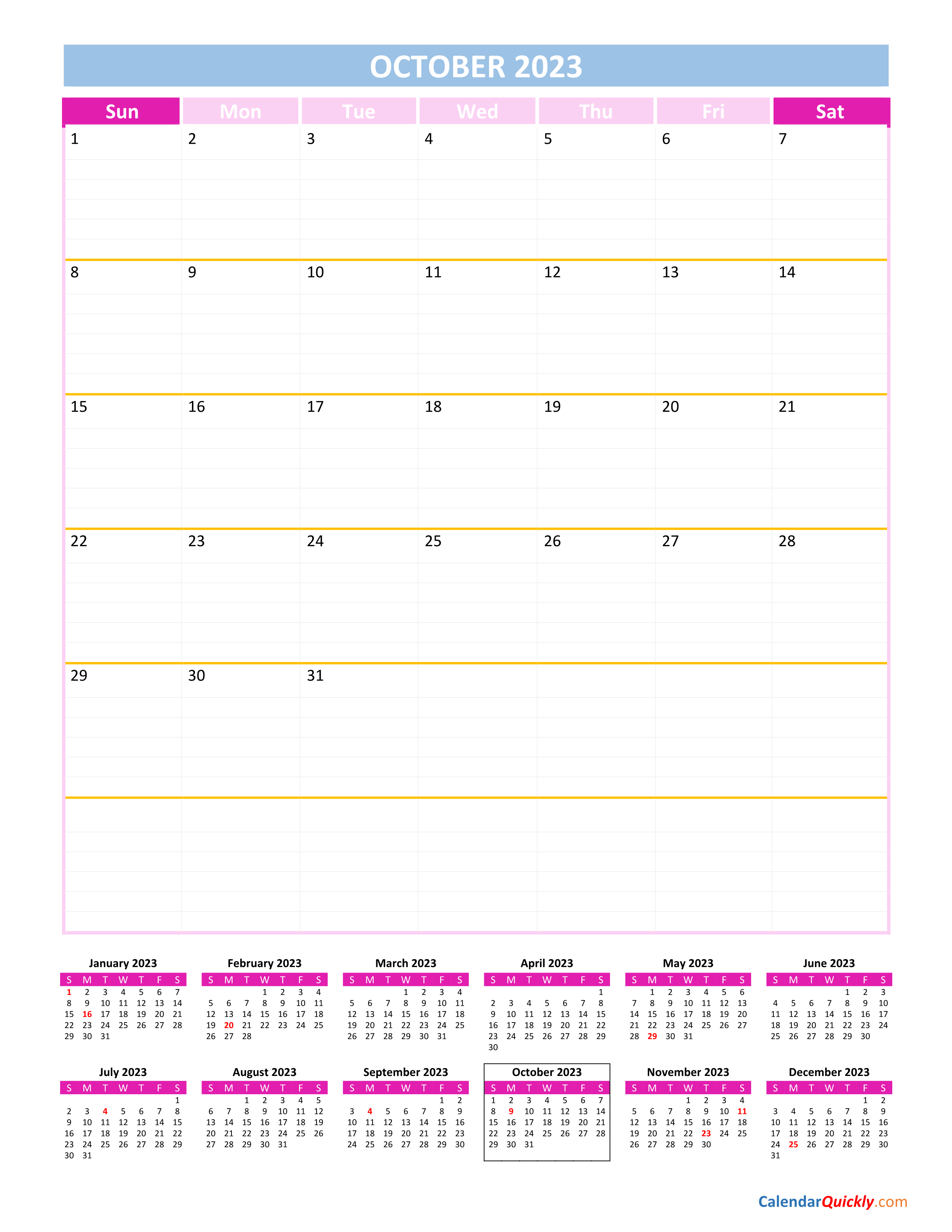 October Calendar 2023 Vertical Calendar Quickly