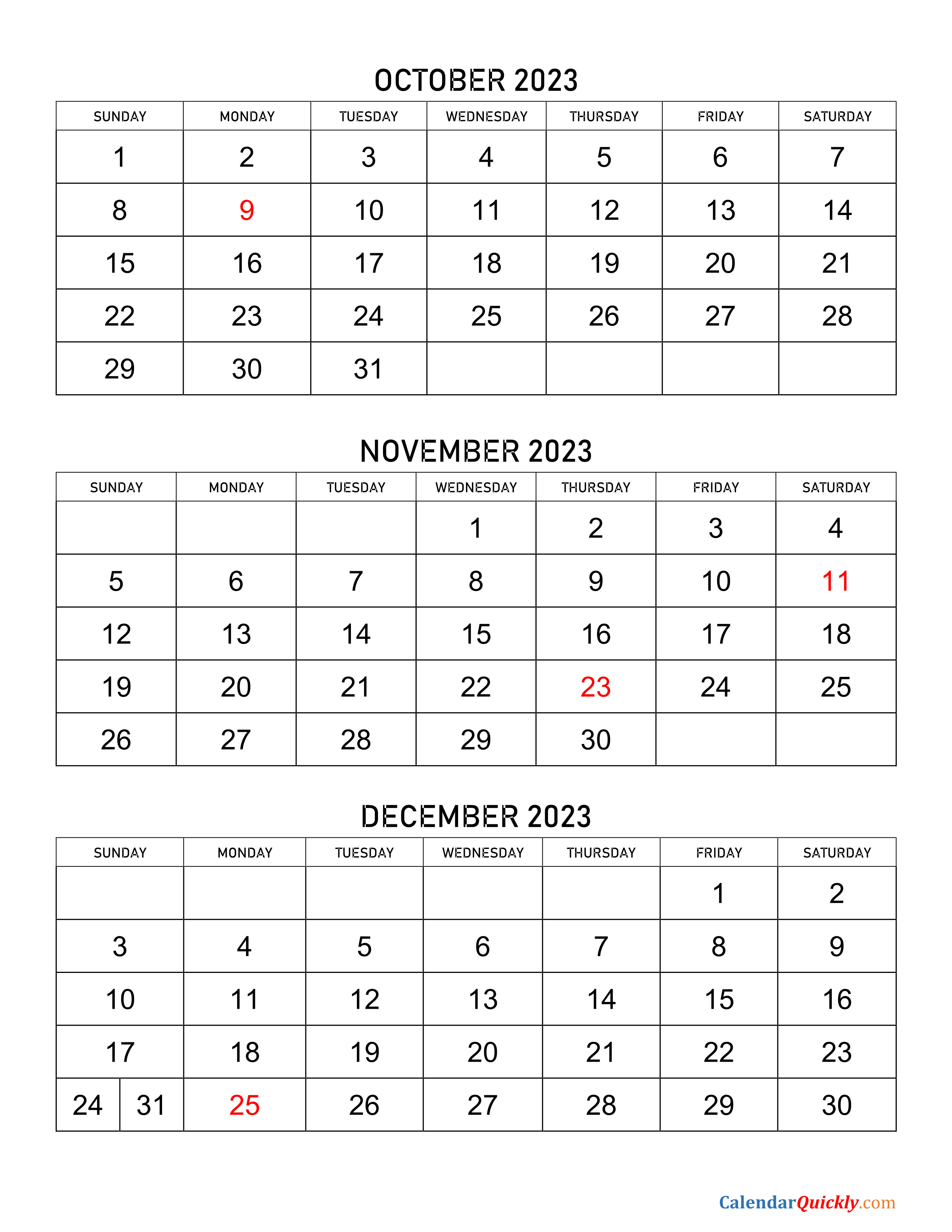 October November December 2023 Calendar Printable Free