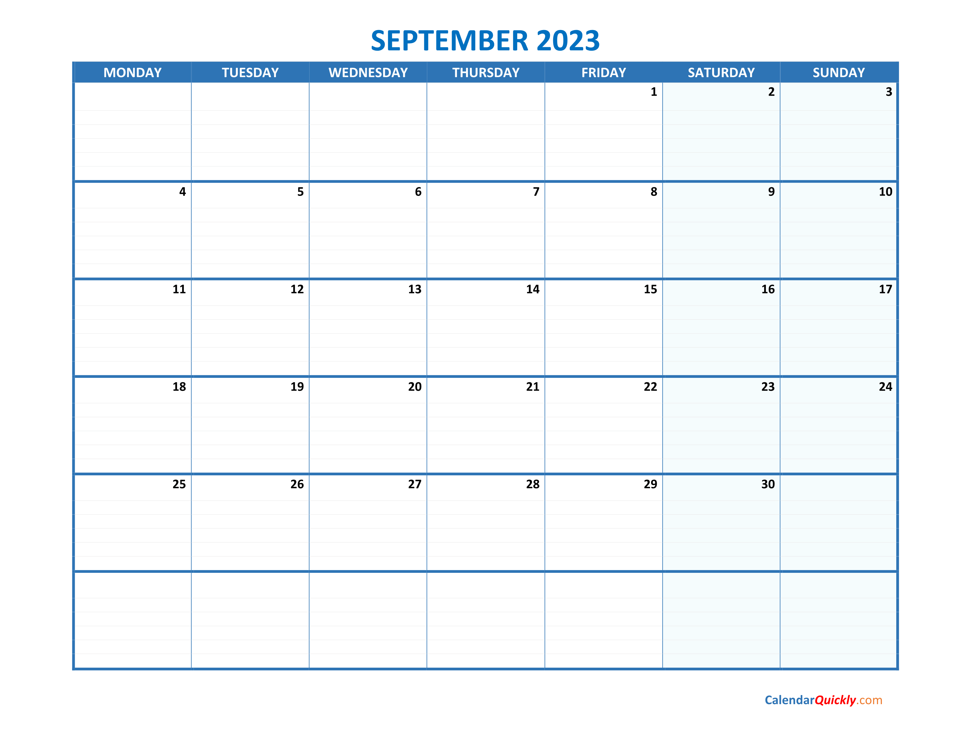 September Monday 2023 Blank Calendar Calendar Quickly