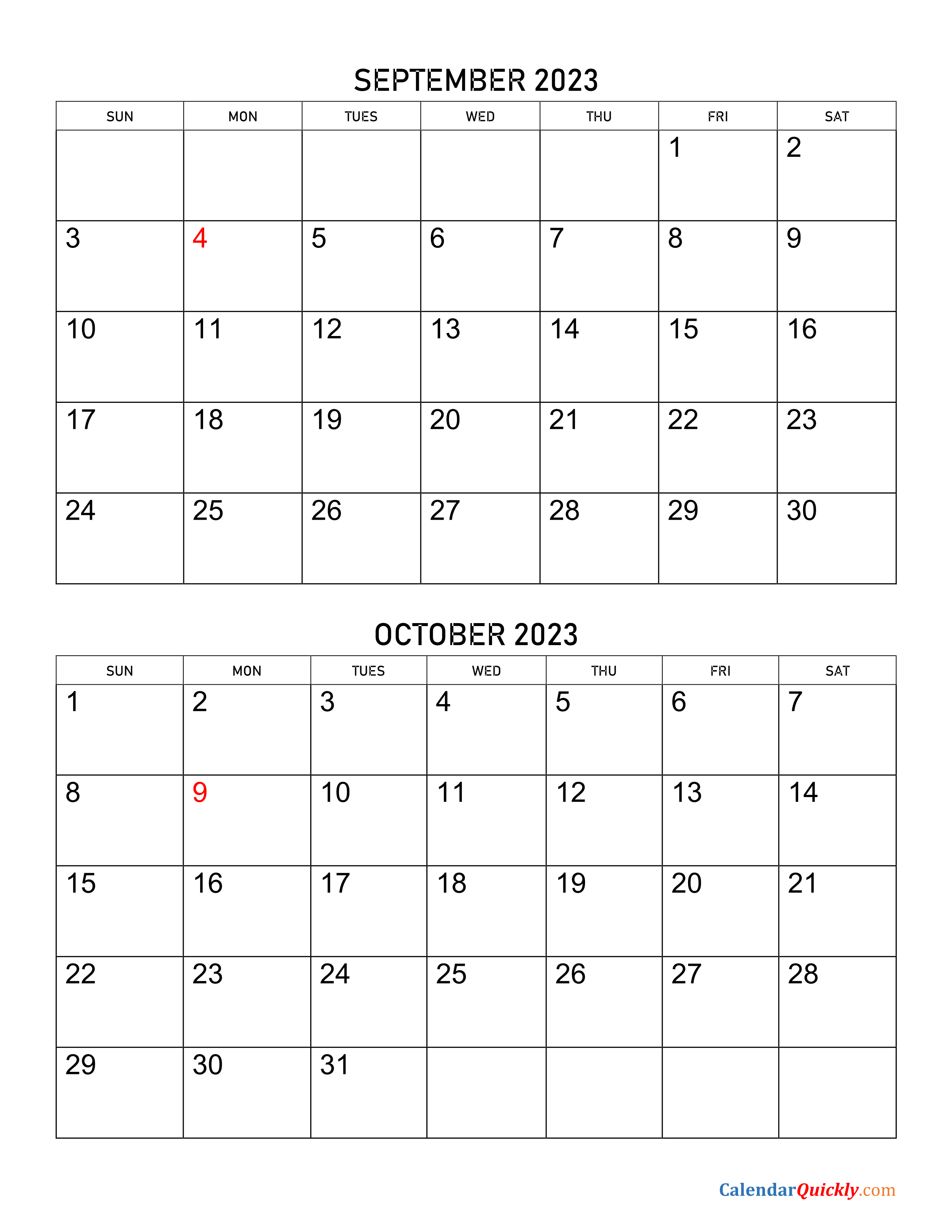 September October Printable Calendar