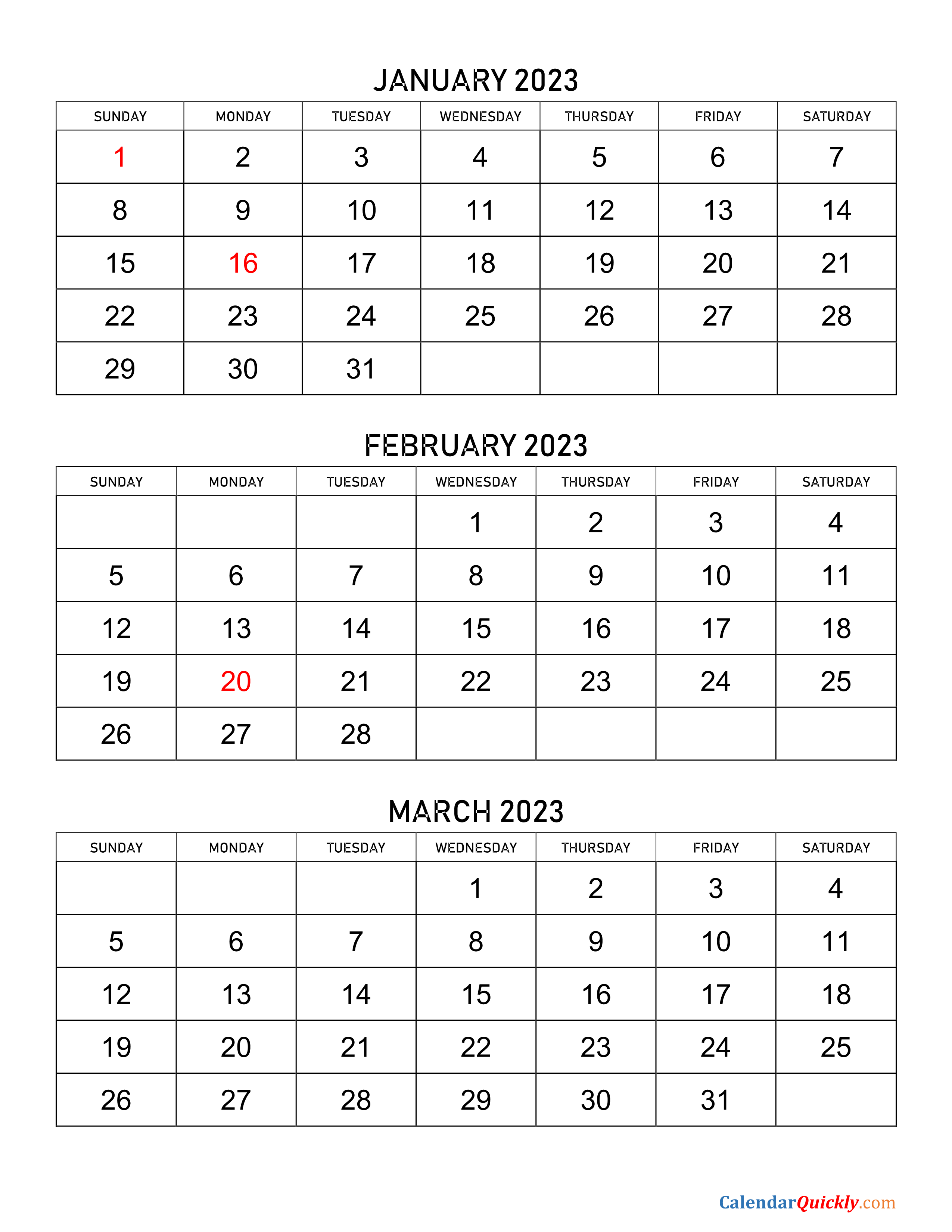 January February March 2023 Calendar Printable Free