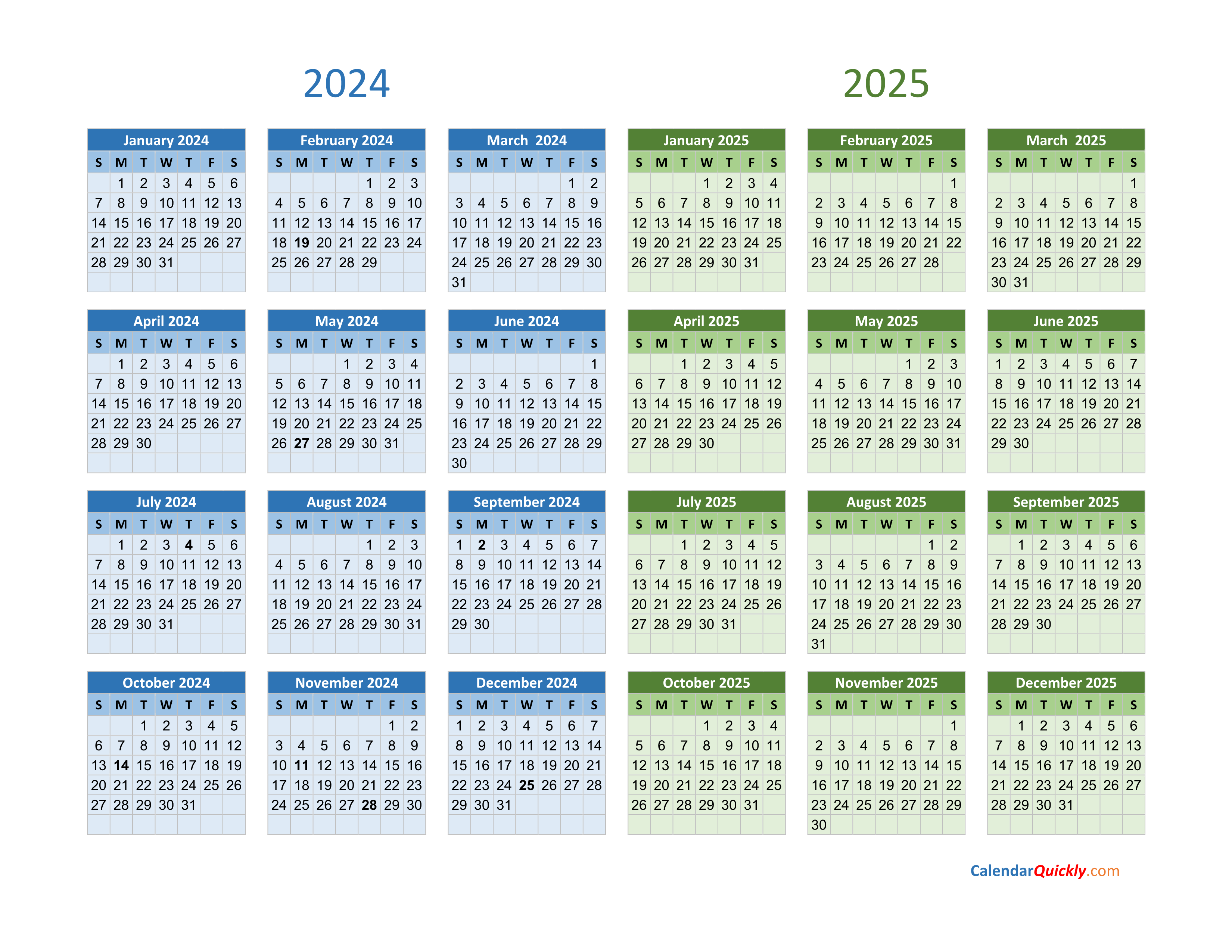 2024 and 2025 Calendar Calendar Quickly