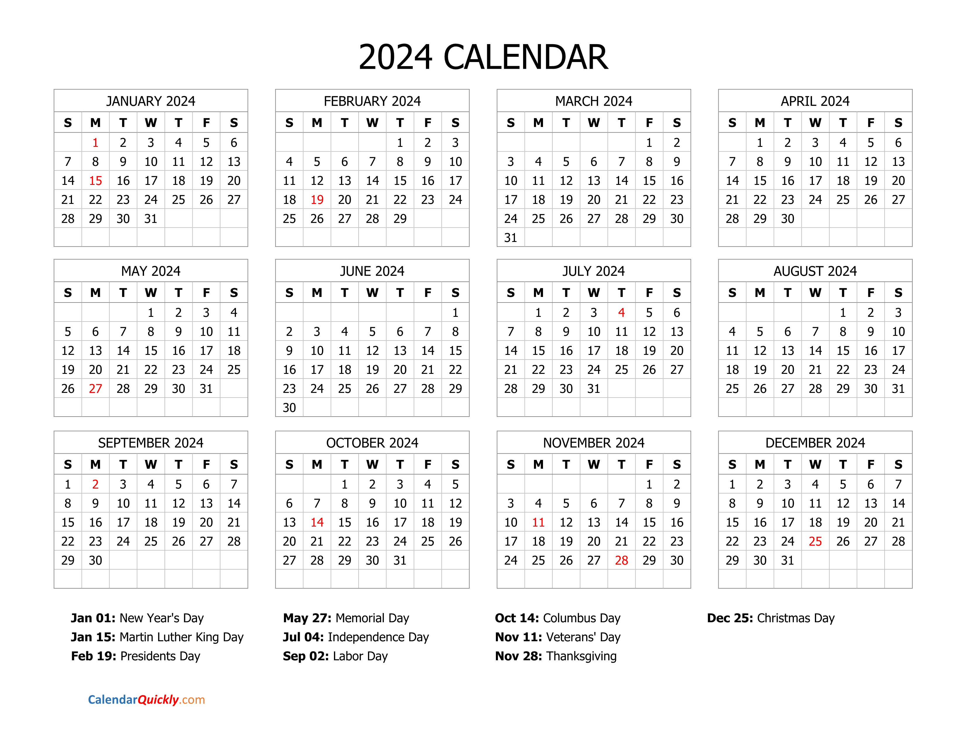 2024 Calendar with Holidays Calendar Quickly
