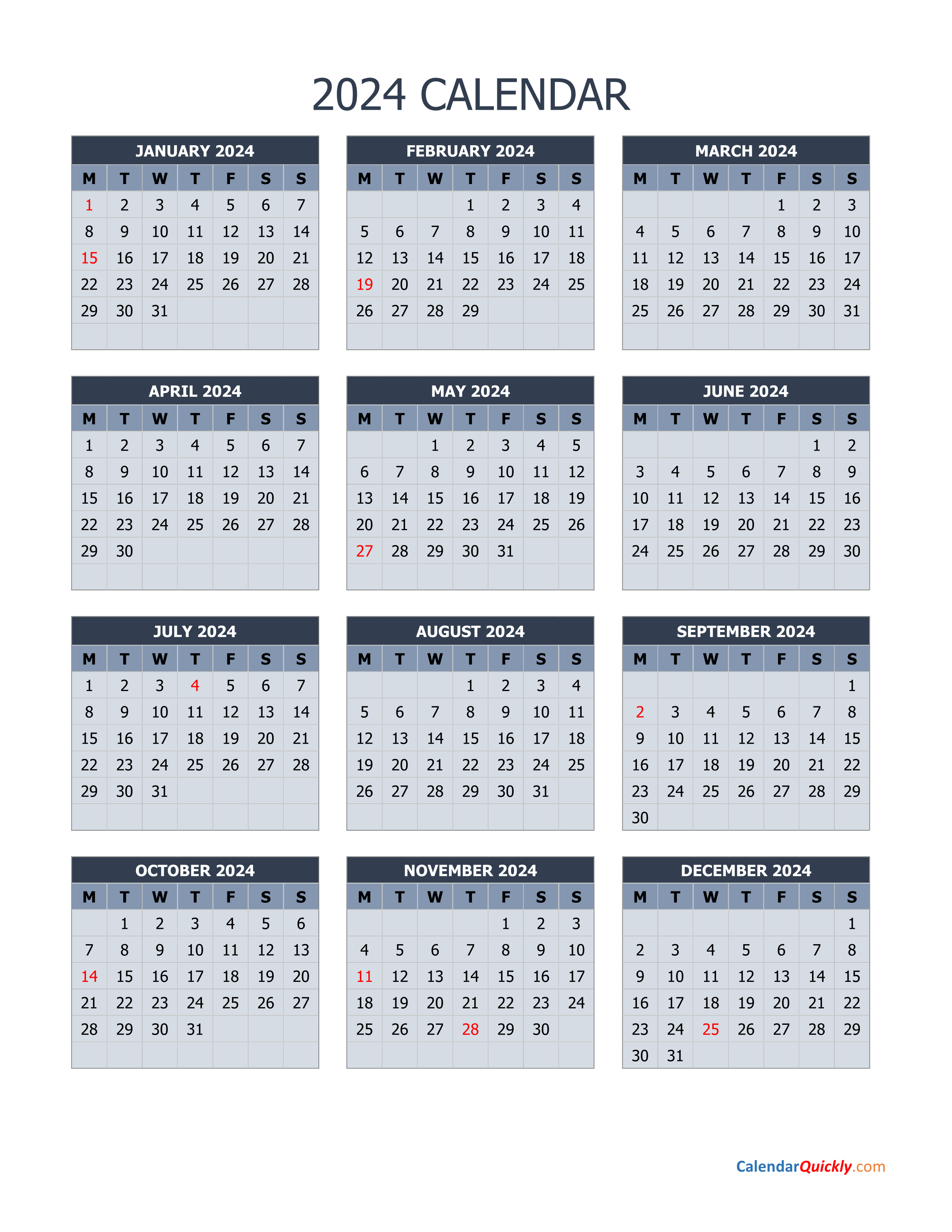 Monday 2024 Calendar Vertical | Calendar Quickly