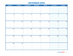 December Calendar 2024 with Notes | Calendar Quickly