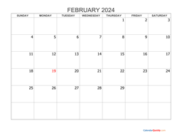 February Monday 2024 Blank Calendar | Calendar Quickly